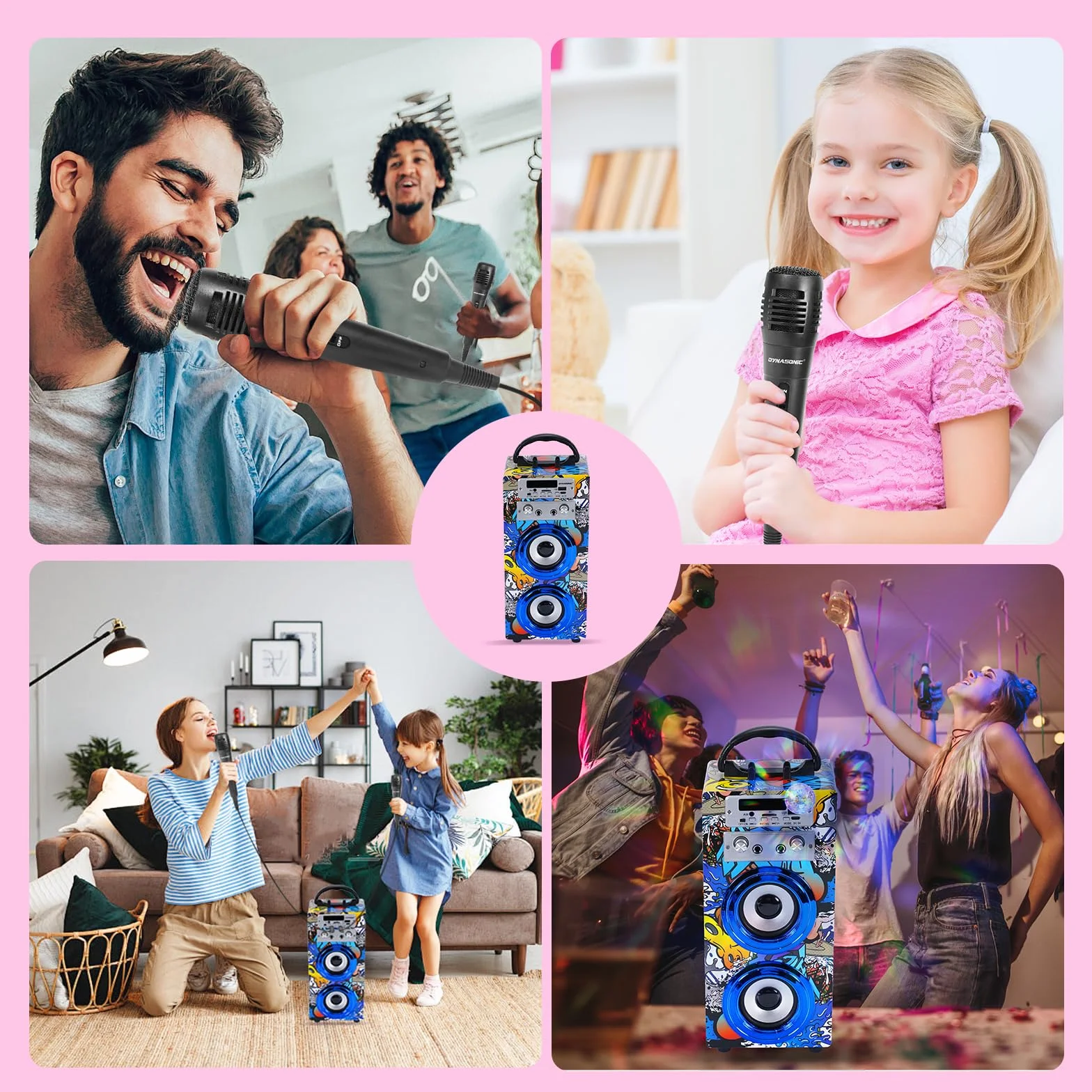 DYNASONIC Przenośna maszyna do karaoke, 2 mikrofony, głośnik Bluetooth, światła, czytnik USB i SD, prezent dla dzieci w wieku 5-13 lat (025-16 LIGHTS)