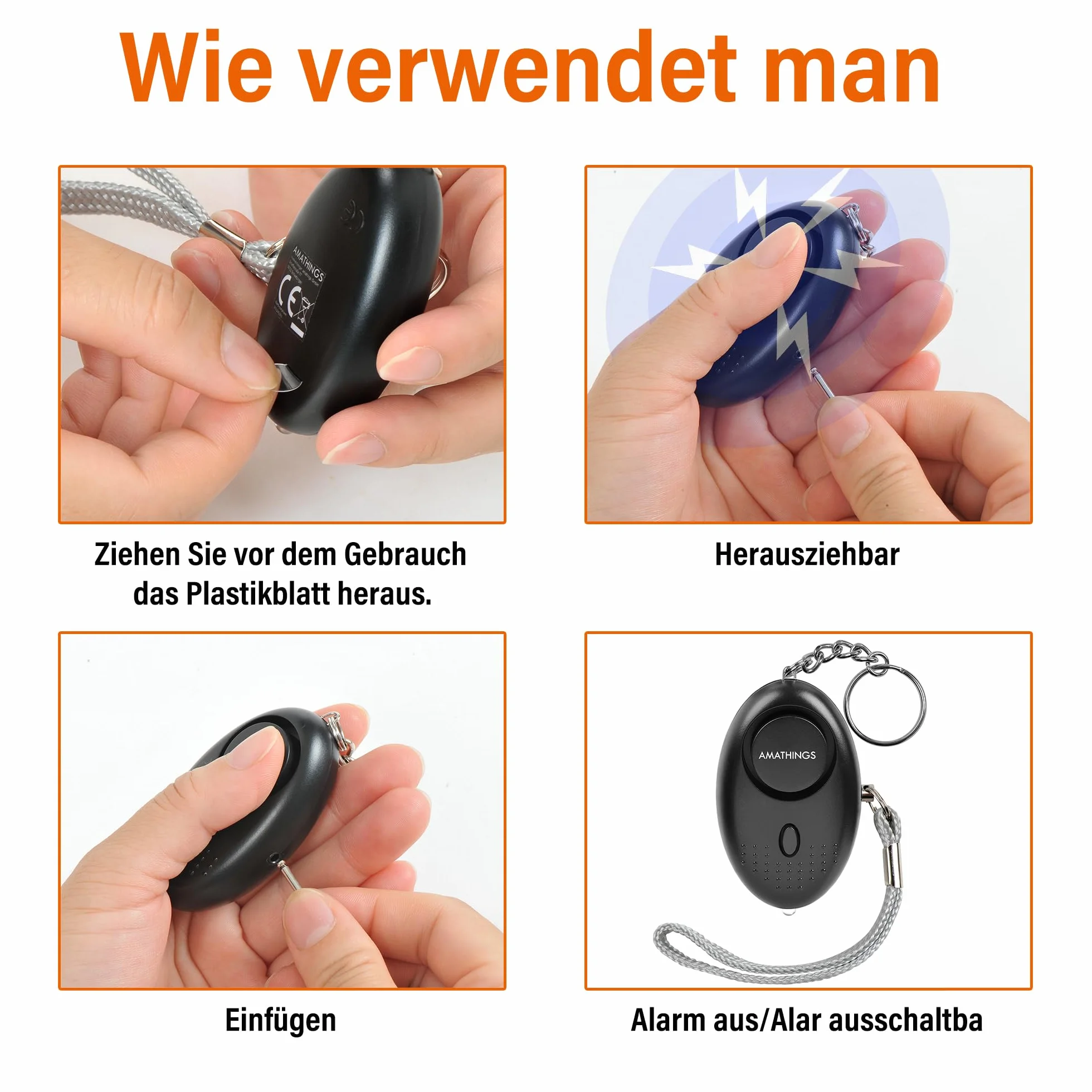 AMATHINGS Zestaw bezpieczeństwa 2w1: 130 dB alarm kieszonkowy i ergonomiczny Kubotan – kompleksowa ochrona dla kobiet i seniorów – Dyskretny zestaw do samoobrony do torebki i breloczka – Czarny