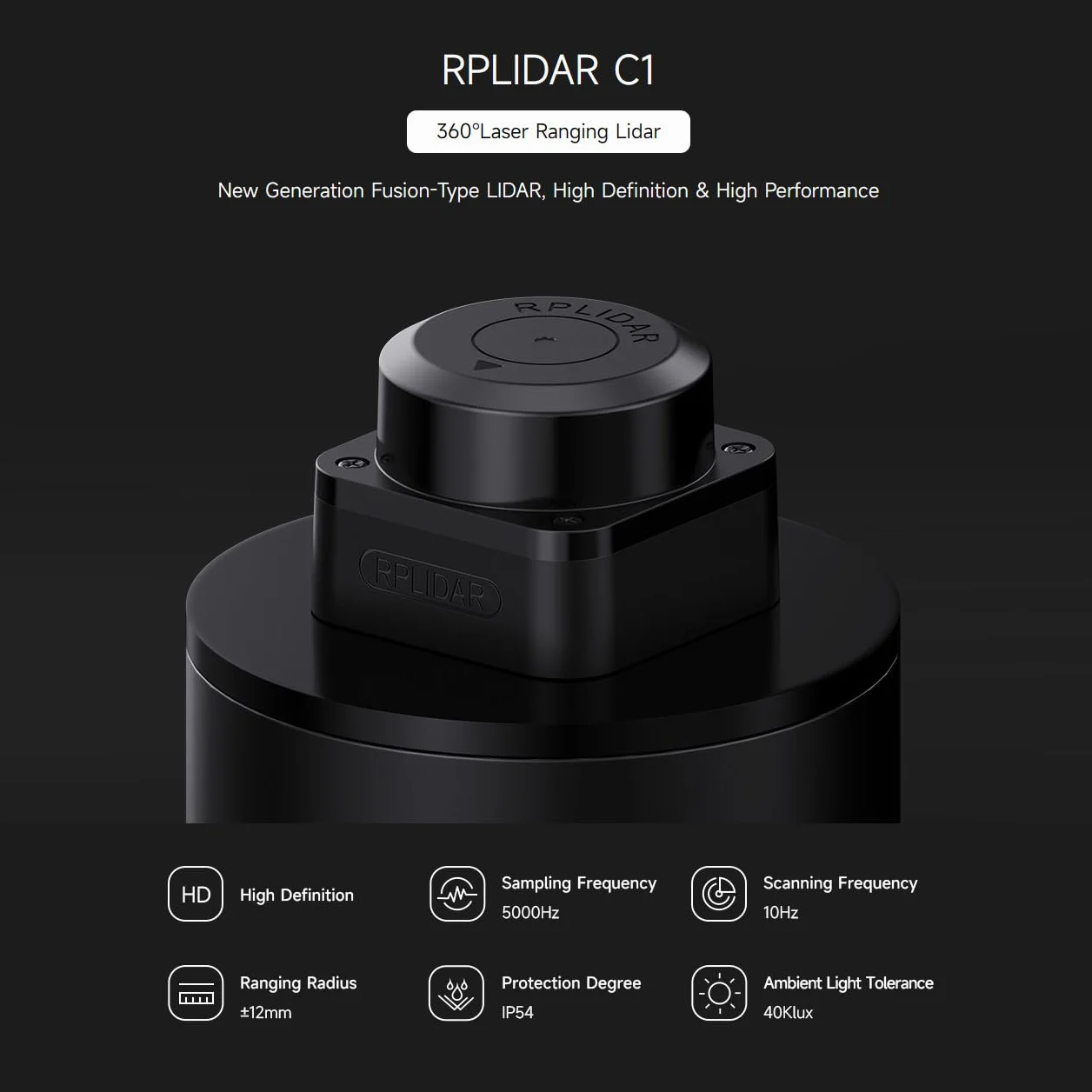 Waveshare Slamtec RPLIDAR C1 Laser Ranging Sensor, 360° Omnidirectional Lidar, Millimeter-Level High Definition, Anti-Interference and Anti-Adhesion, Compact and Easy to Integrate