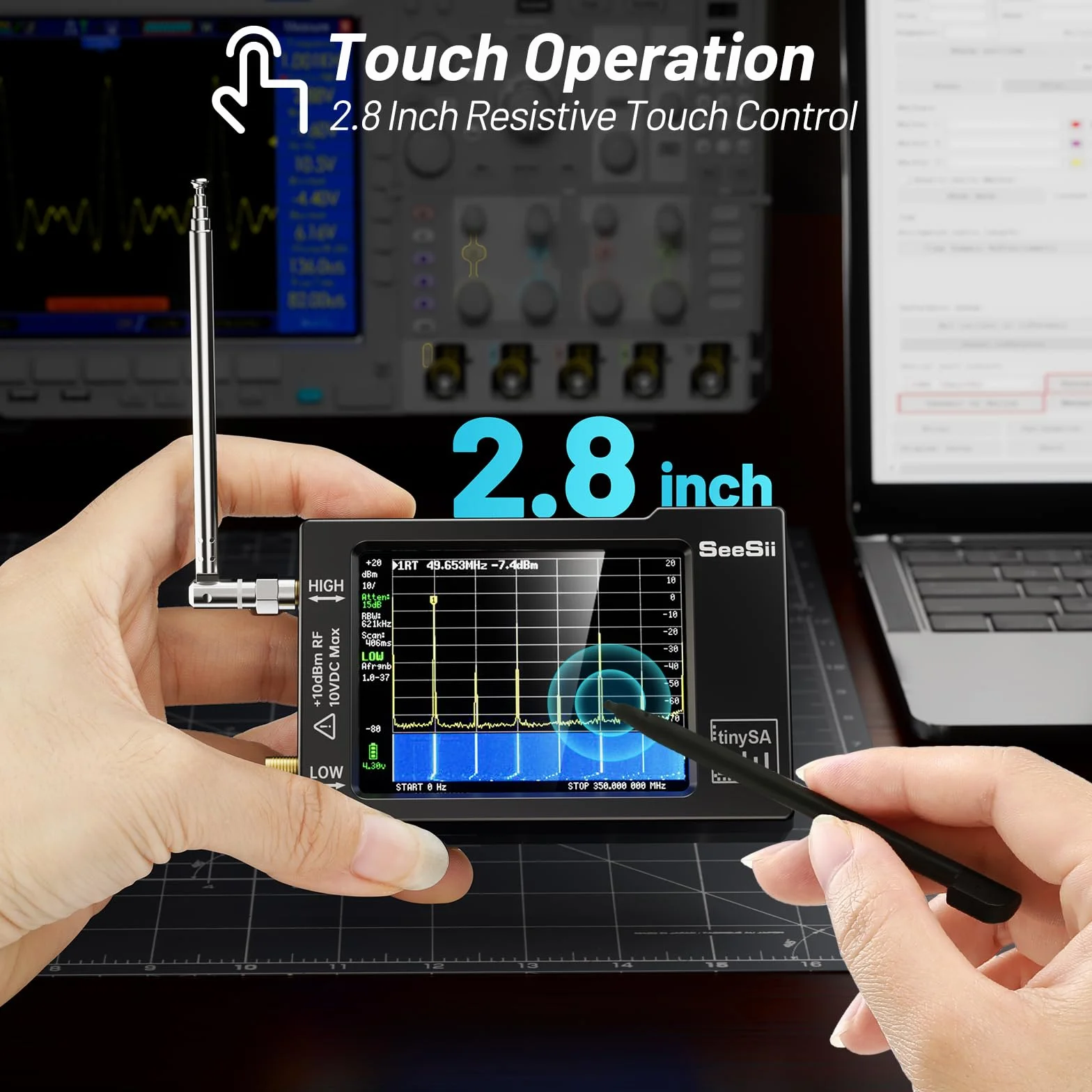 Seesii Analizator widma TinySA, zaktualizowany przenośny analizator małej częstotliwości 100 kHz-960 MHz Wejście MF/HF/VHF/UHF, Generator sygnału z ekranem dotykowym 2.8'' z ochroną ESD