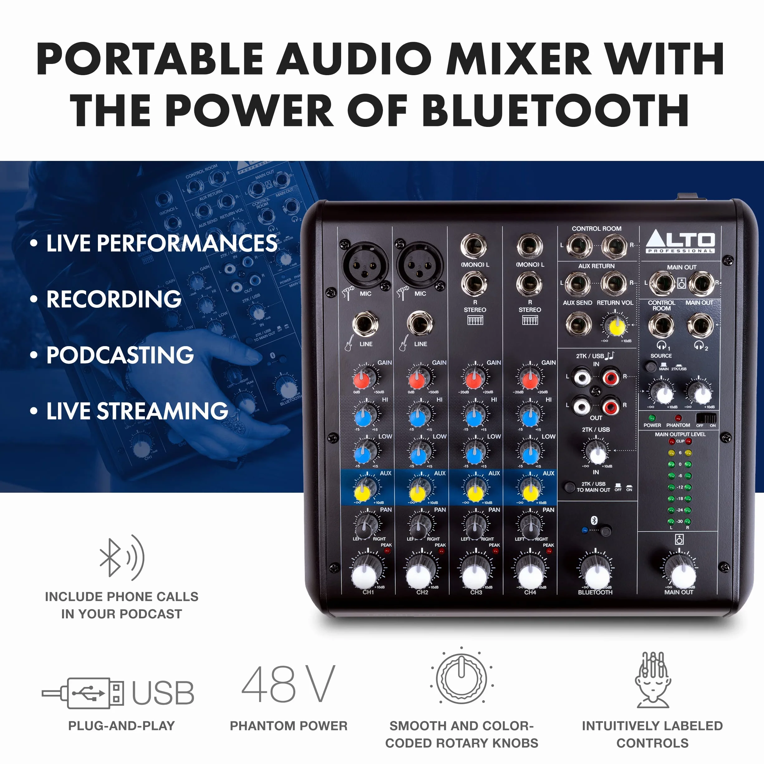 ALTO TrueMix 600 Mikser z 2 Wej. Mikr. XLR i Interfejsem USB Audio i Bluetooth do Podcastów, Występów, Streamowania, Nagrywania i DJ-ingu, PC, Mac