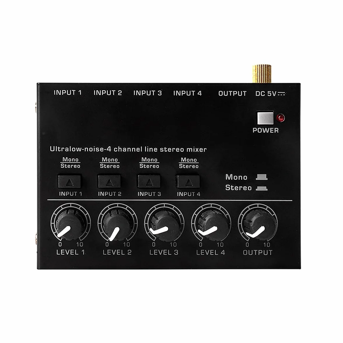 WANGCL 4-kanałowy mikser audio z oddzielną regulacją głośności i bardzo niskim poziomem hałasu do mikrofonów, gitar, basów, klawiatur i mikserów scenicznych