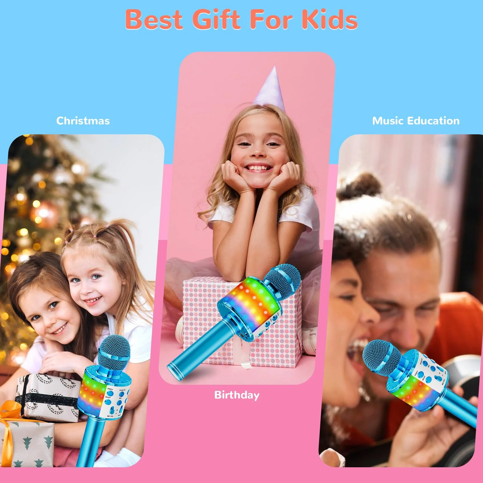 Ankuka mikrofon bluetooth do karaoke z głośnikiem i dynamicznym światłem. Bezprzewodowy mikrofon do karaoke dla dzieci, do śpiewania, nagrywania na imprezę domową, kompatybilny z systemem Android / iOS / PC, niebieski