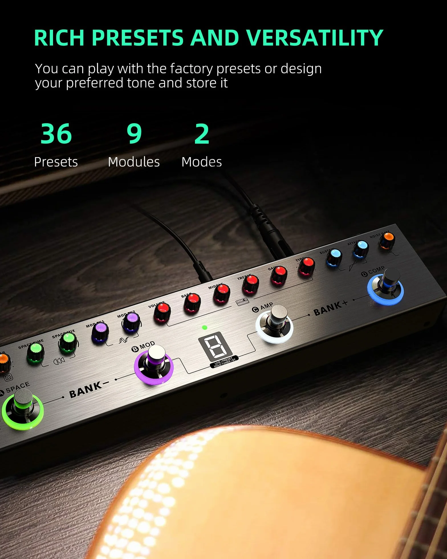 Bass Multi Effects, LEKATO Bass Effect z 36 edytowalnymi ustawieniami, kompresorem, przestrzenią, MOD, reverb, funkcją ładowania na podczerwień, nagrywanie, tuner, wbudowana bateria, połączenie