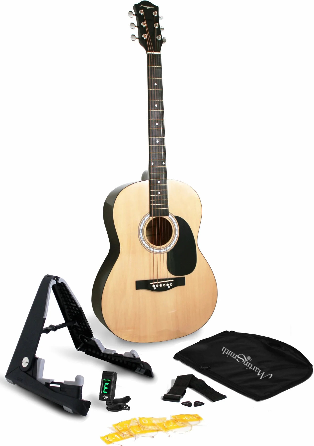Martin Smith zestaw gitarowy akustyczny z pełnowymiarową gitarą akustyczną, statywem, tunerem, torbą, paskiem, plettrami i lekcjami