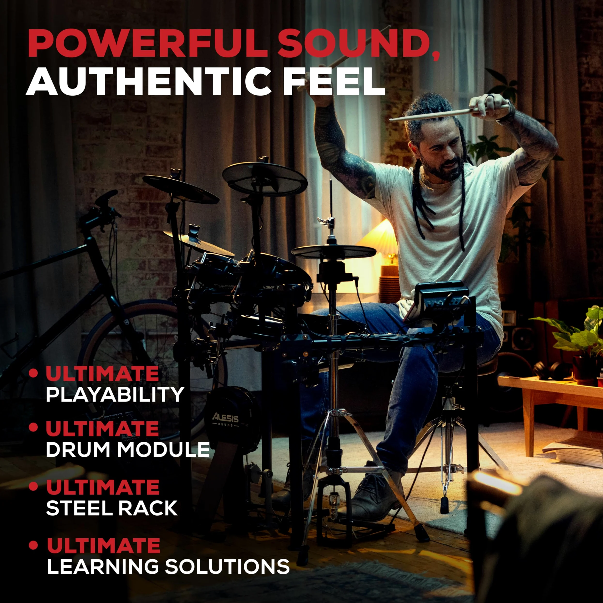 Alesis Nitro Ultimate Elektroniczny Zestaw Perkusyjny z Podwójnymi Padami Siatkowymi, Niezależnym Hi-Hatem, 640 Brzmieniami BFD 52 Zestawami, Bluetooth, Drumeo, USB MIDI, Podwójną Stopą Basową