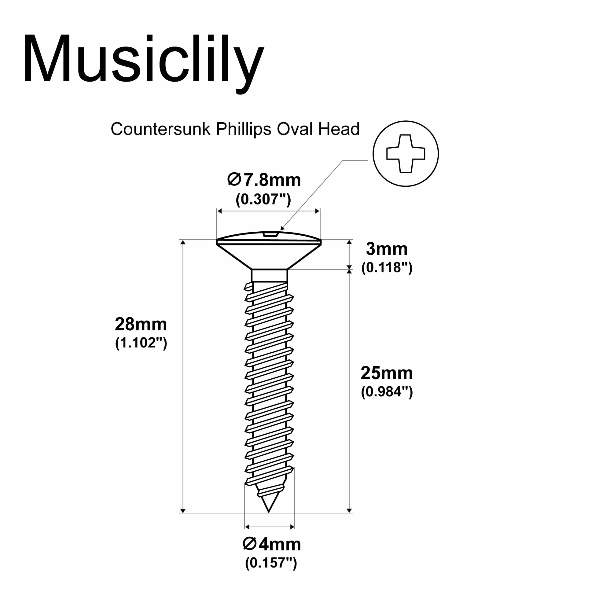Musiclily Ultra 4x28mm Stal Nierdzewna śruby do Zaczepy Paska, Nikiel (10 szt.)