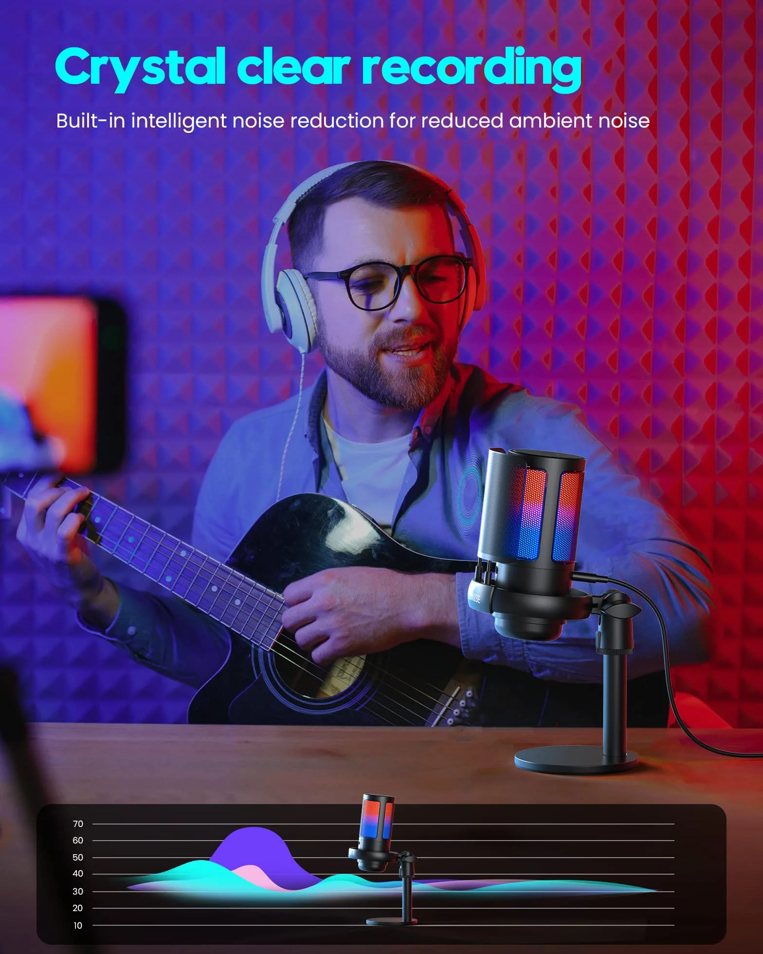 COCONISE Mikrofon gamingowy, mikrofon USB PC do podcastów wideo, strumieniowania, mikrofon pojemnościowy z szybkim wyciszeniem, statywem, filtrem pop, wskaźnikiem RGB, mocowanie wstrząsowe, przycisk
