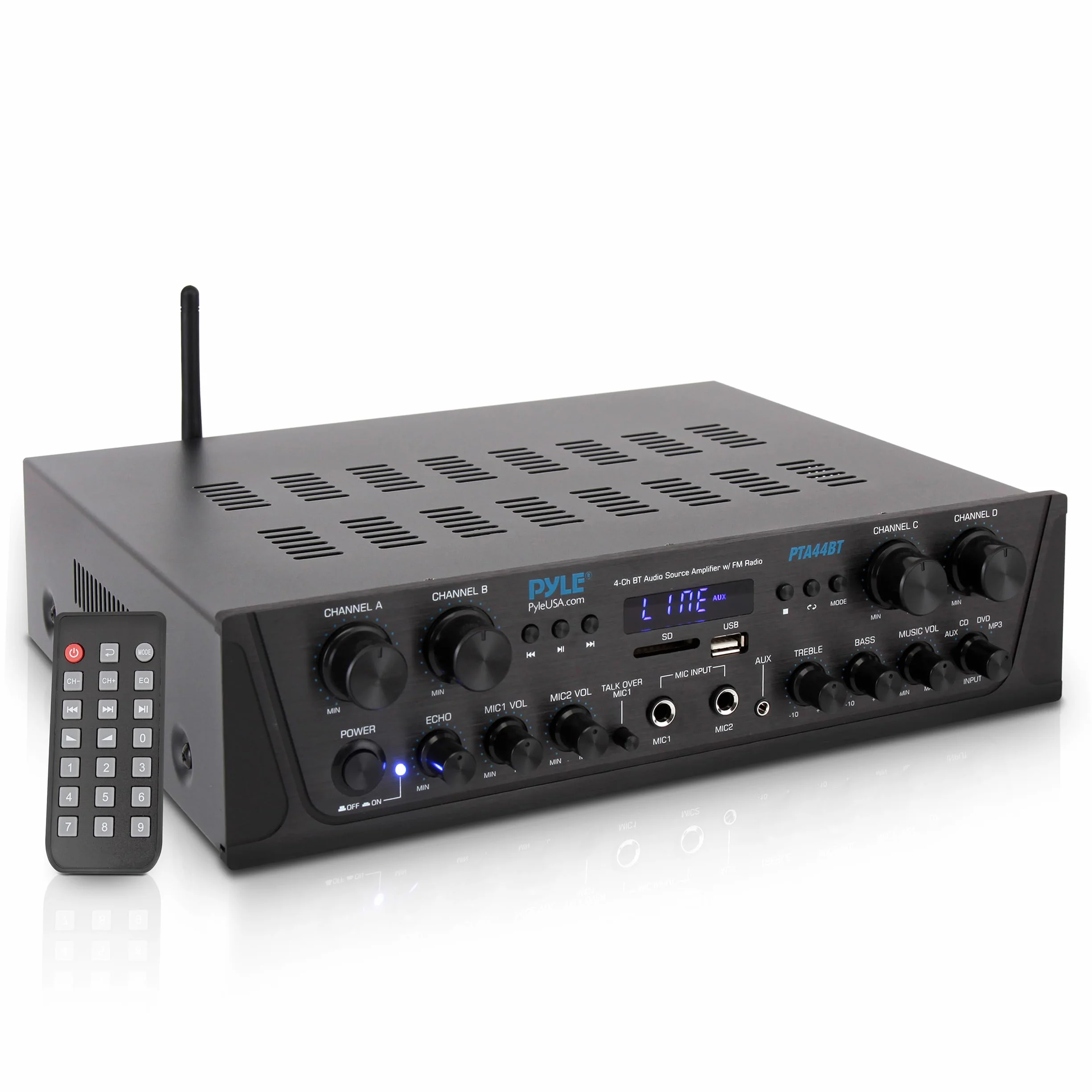 Pyle Karaoke Wireless Bluetooth Amplifier - 500W 4 Channel Stereo Audio Home Theater Speaker Sound Power Receiver w/AUX IN, FM, RCA Subwoofer Speakers OUT, USB, Microphone IN w/Echo
