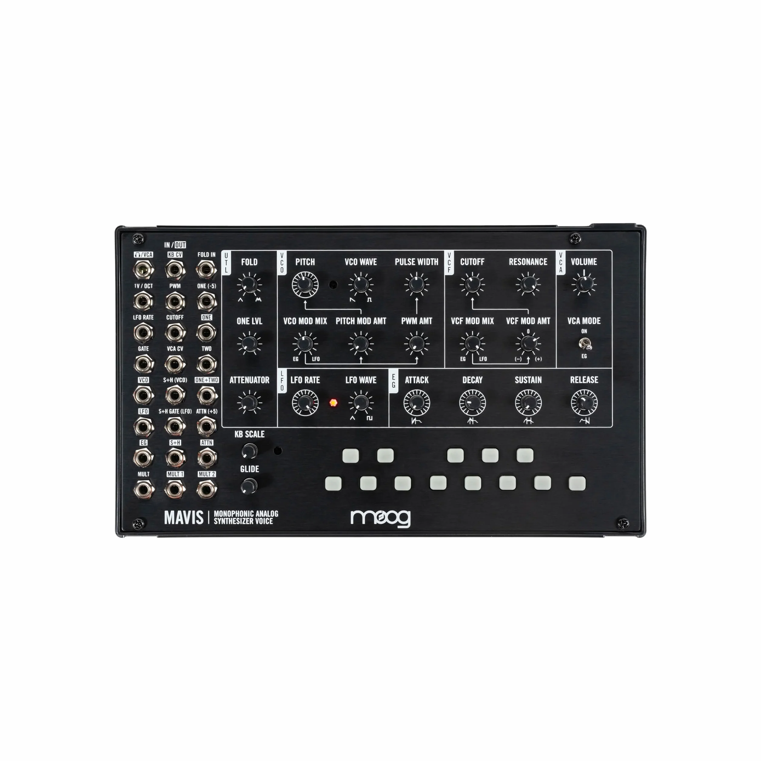 MOOG Mavis - Semimodularny Syntezator Analogowy z Klawiaturą, Oscylatorem Analogowym, Filtrem, Generatorem Obwiedniowym, Wavefolderem i Osłoną