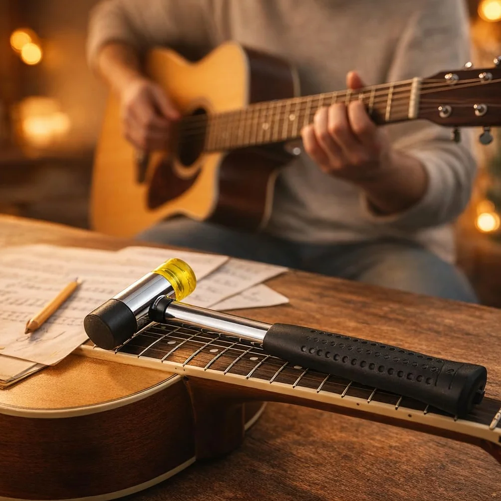 Młotek do progów gitarowych, producent gitar, producent gitar dwugłowicowych, narzędzie, próg, gitara, narzędzie, progi, próg, guma, młotek, gitara, próg, polerowanie