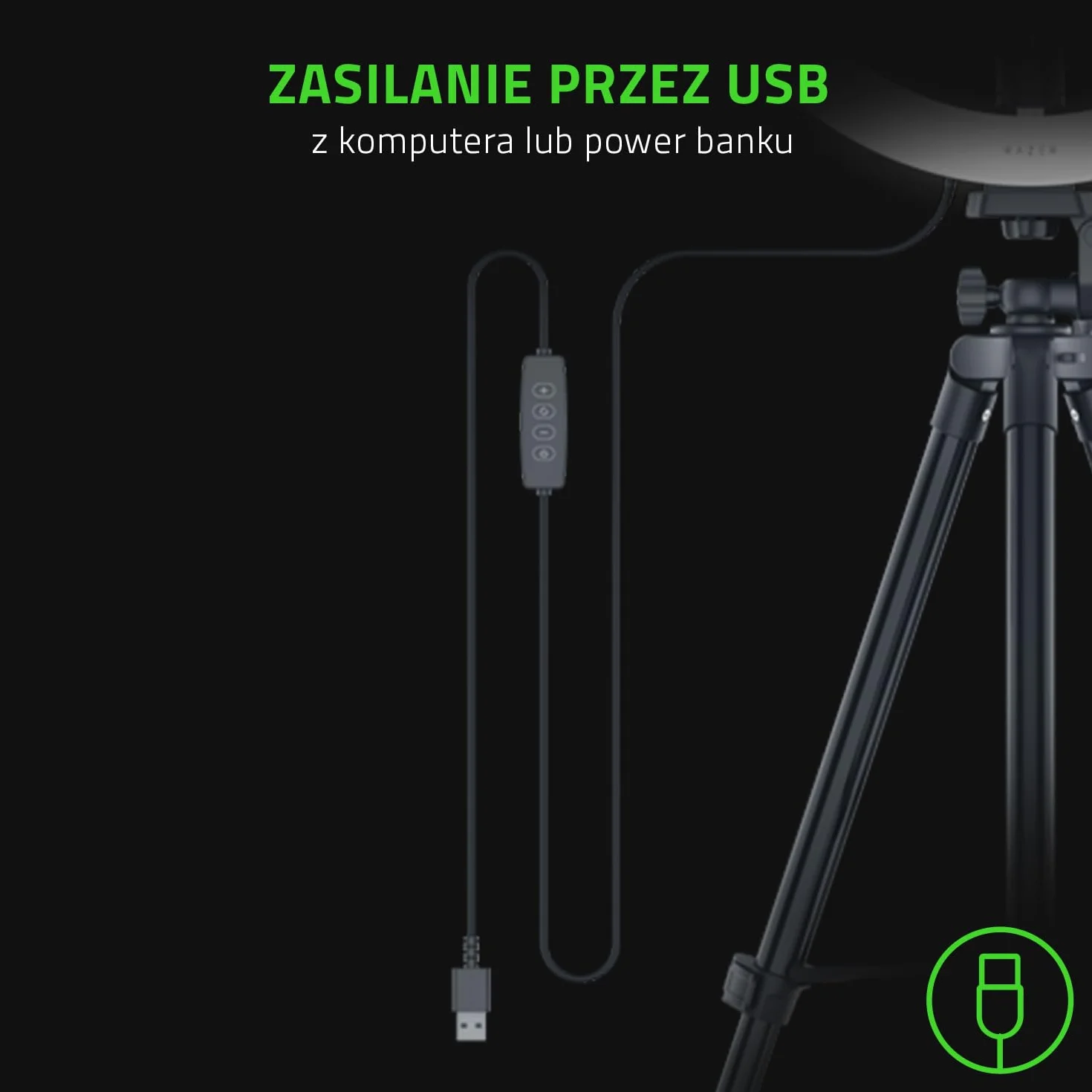 Razer Ring Light - 12-calowa lampa pierścieniowa LED USB + Statyw do streamingu z komputerów PC i urządzeń mobilnych (Regulowane spektrum światła, Wszechstronne opcje mocowania) Czarny