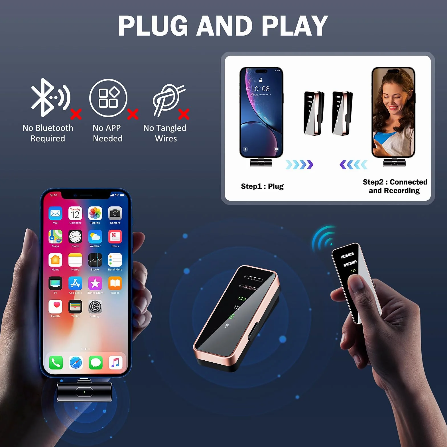 Weinsamkeit Bezprzewodowy mikrofon Lavalier z wyświetlaczem LED i ładowarką, mini do iPhone/iPada/Type-C Android/PC, 2,4 GHz Auto Sync, mikrofon do vloga, YouTube, wywiadu