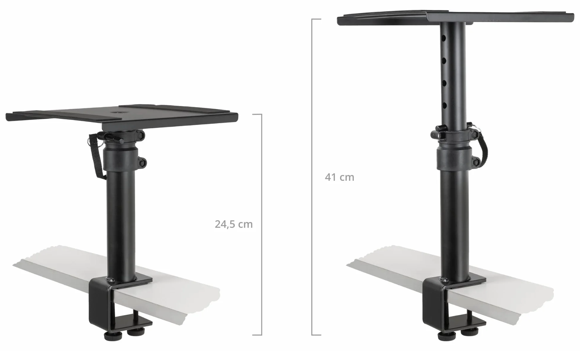Pronomic SLS-36K BK statyw stołowy z zaciskiem stołowym do monitorów studyjnych – bardzo mało miejsca – regulacja wysokości 24,5 cm i 41,5 cm – powierzchnia do odkładania z paskami z gumy piankowej –