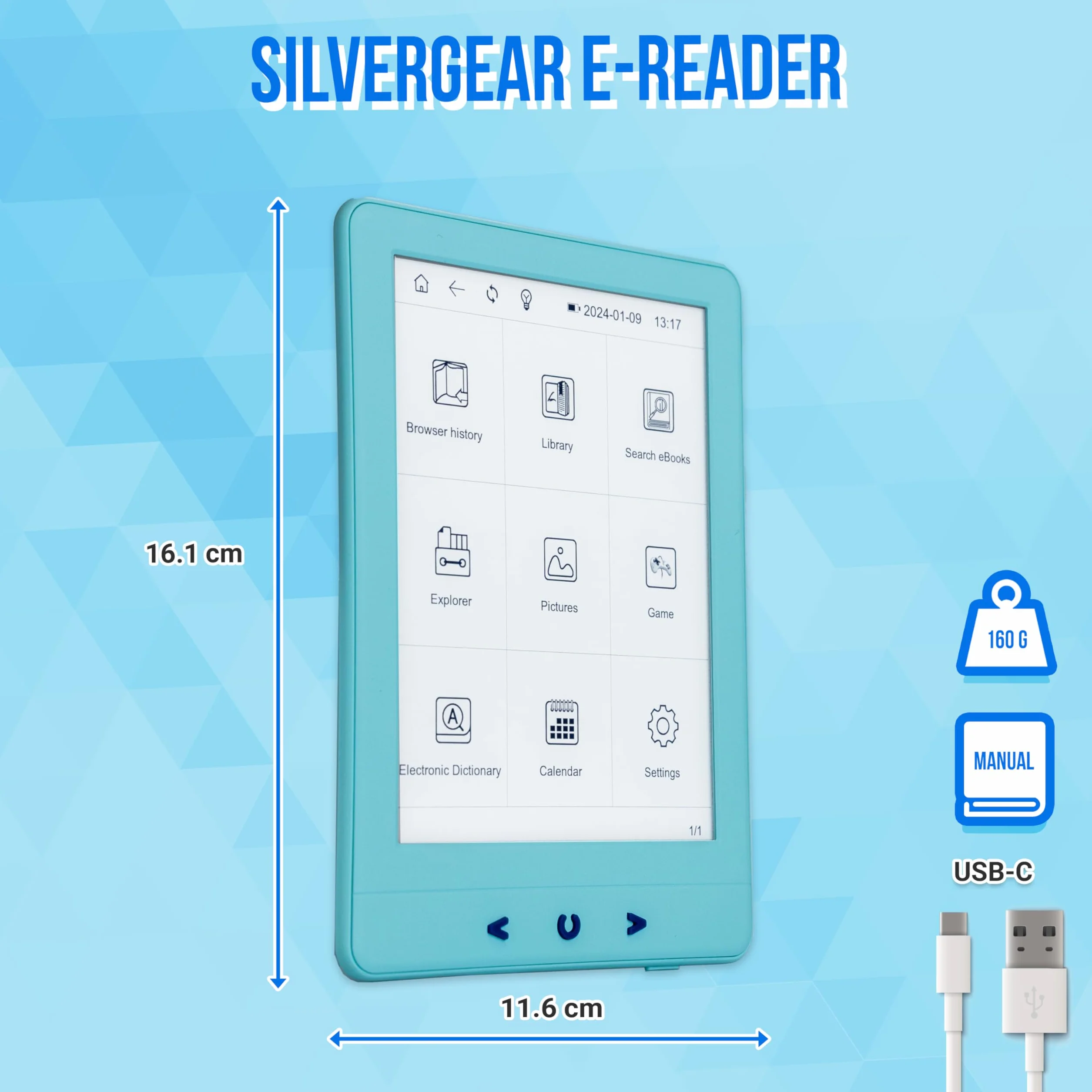 Silvergear® Czytnik eBook | Czytnik eBook z ekranem dotykowym eInk Carta 6'' | Czytnik e-booków z antyrefleksją | ze zintegrowanym podświetleniem | 4GB | Pojemność 3000 eBooków | Niebieski