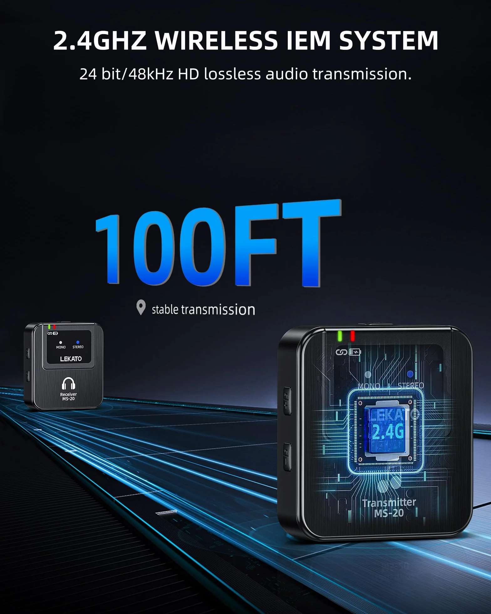 LEKATO bezprzewodowy system monitoringu dousznego, profesjonalny bezprzewodowy system stereo IEM 2.4G z nadajnikiem i odbiornikiem, OTG, nadaje się do prób zespołów, występów na żywo (1TX+1RX)