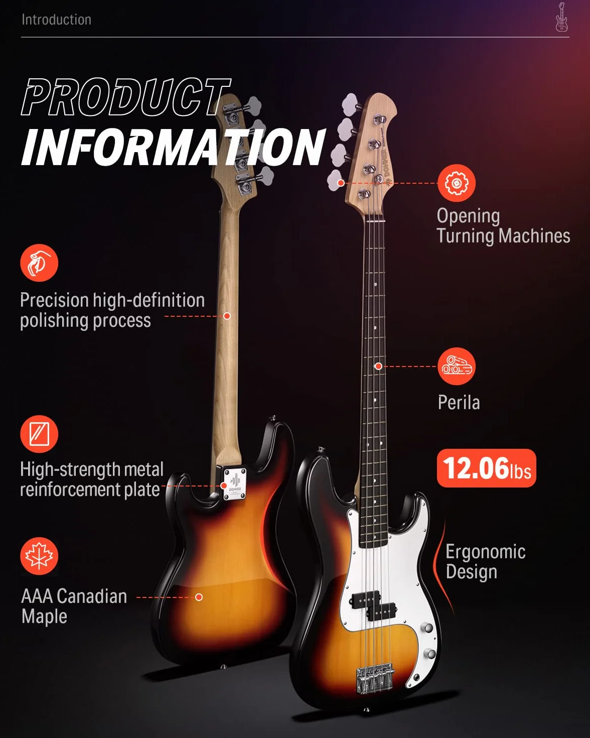 Donner Gitara basowa dla początkujących, 4 struny w stylu P gitara basowa, pełnowymiarowa gitara basowa z torbą na gitarę, paskiem do gitary i kablem gitarowym (Sunburst)