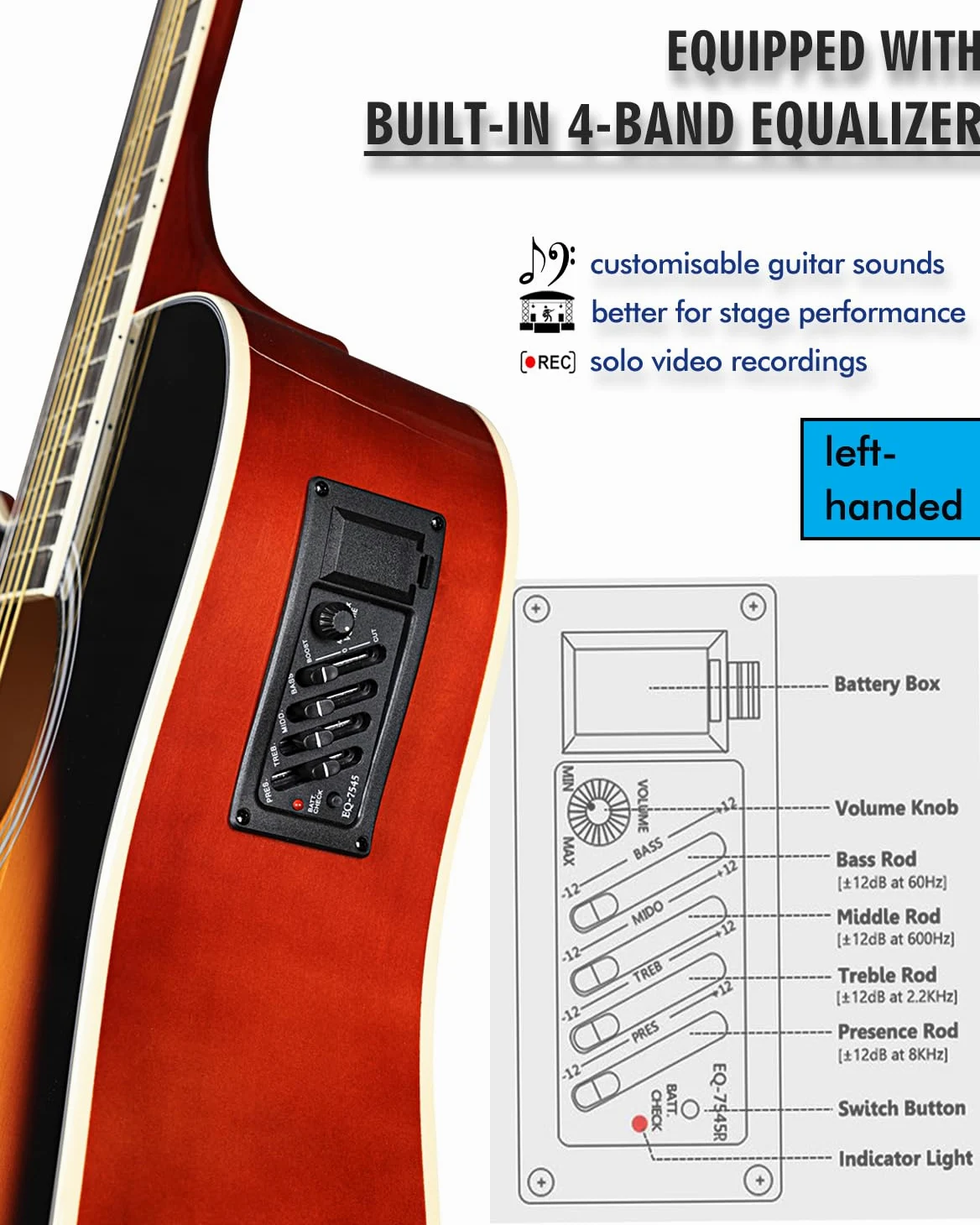 Winzz 4/4 Gitara Elektroakustyczna, Leworęczna Gitara Westernowa, Zestaw dla Dorosłych Początkujących, Gitara Akustyczna 41 Cali z 4-pasmowym Ekwalizerem (Dreadnought, Połyskujący Sunburst)