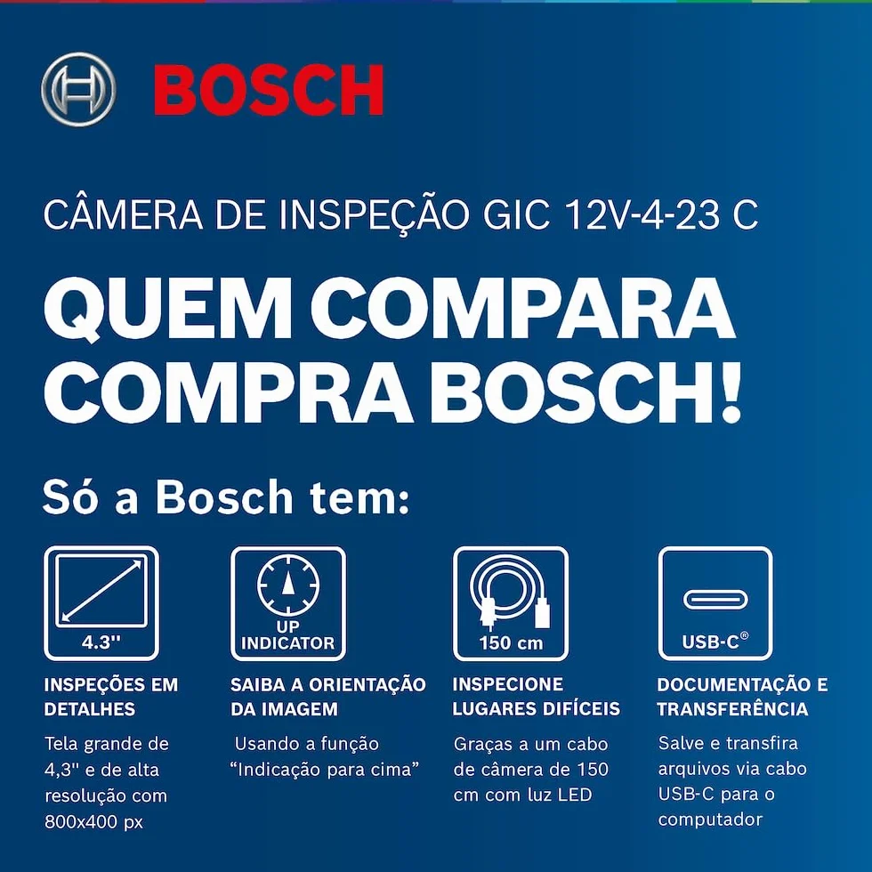 Bosch Professional: Kamera inspekcyjna GIC 12V-4-23 C(długość przewodu: 150 cm, funkcja orientacji Up Indication, wyświetlacz o wysokiej rozdzielczości: ekran 4,3", 800 x 480 px, opakowanie kartonowe)