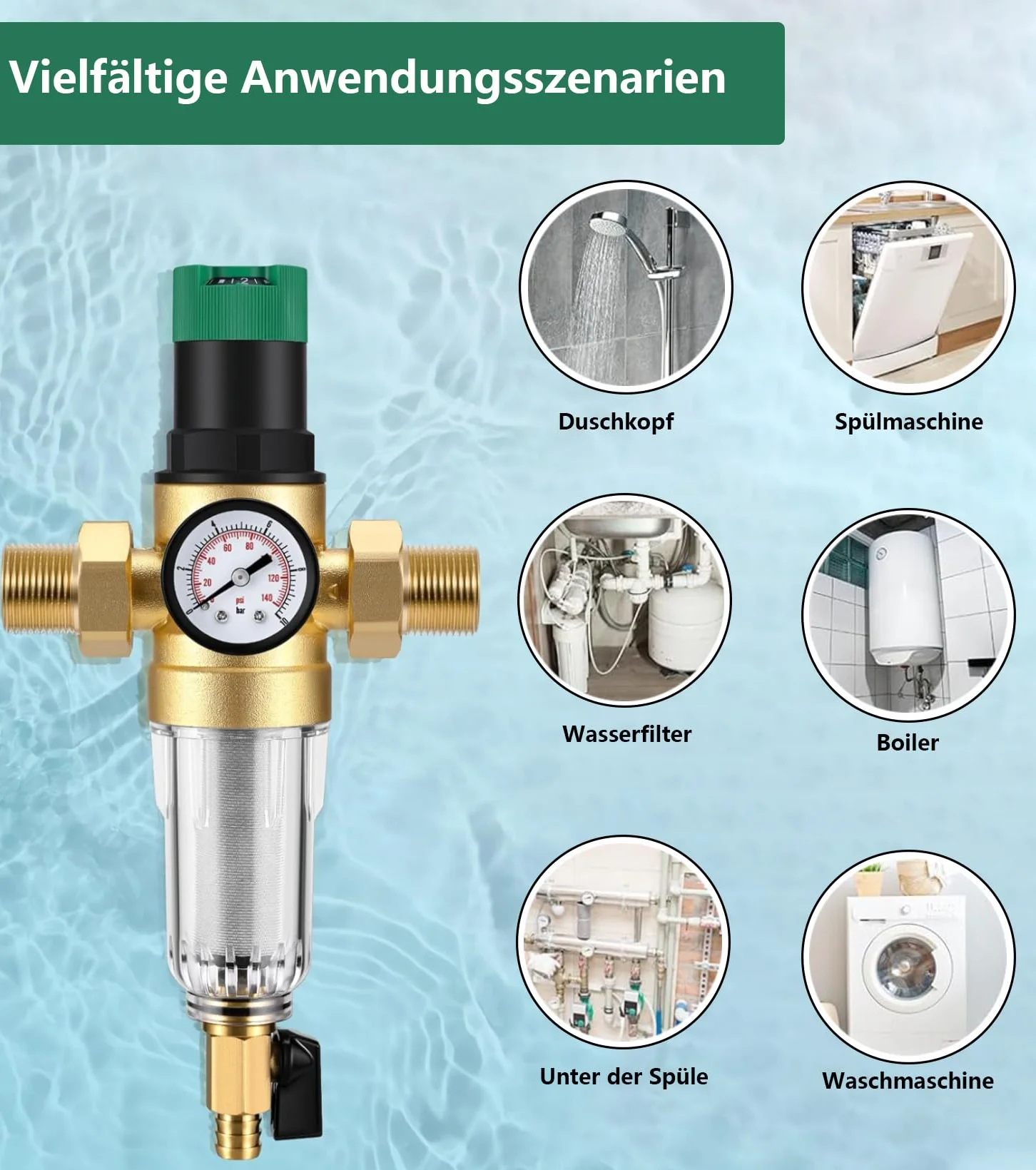 6 sztuk filtrów do płukania zwrotnego z reduktorem ciśnienia i manometrem, filtr wody, przyłącze domowe 3/4 cala, DN 20, filtr wstępny, filtr osadowy, regulator ciśnienia wielokrotnego użytku