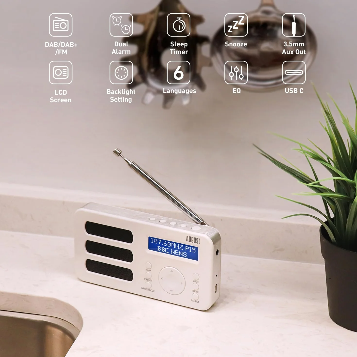 August MB225 - Przenośne radio cyfrowe - DAB/DAB + / FM - funkcja RDS, możliwość zaprogramowania 40 stacji, przenośne radio stereo/mono, podwójny alarm, akumulator, gniazdo słuchawkowe (białe)