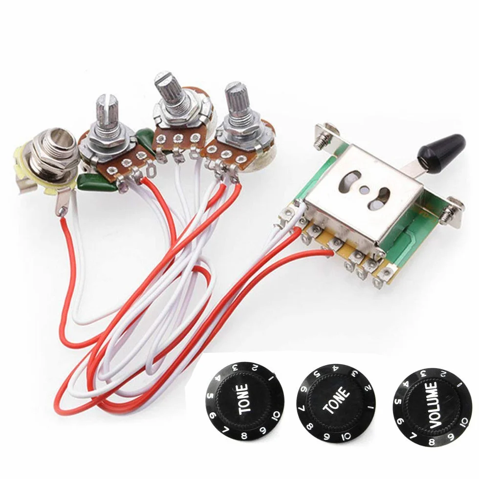 RUNCCI-YUN Prewired Kit, wiązka przewodów do gitary elektrycznej, 2T1 V, 5-drożny przełącznik, 500 K, do części zamiennych, czarna końcówka (obrotowa nasadka audio)