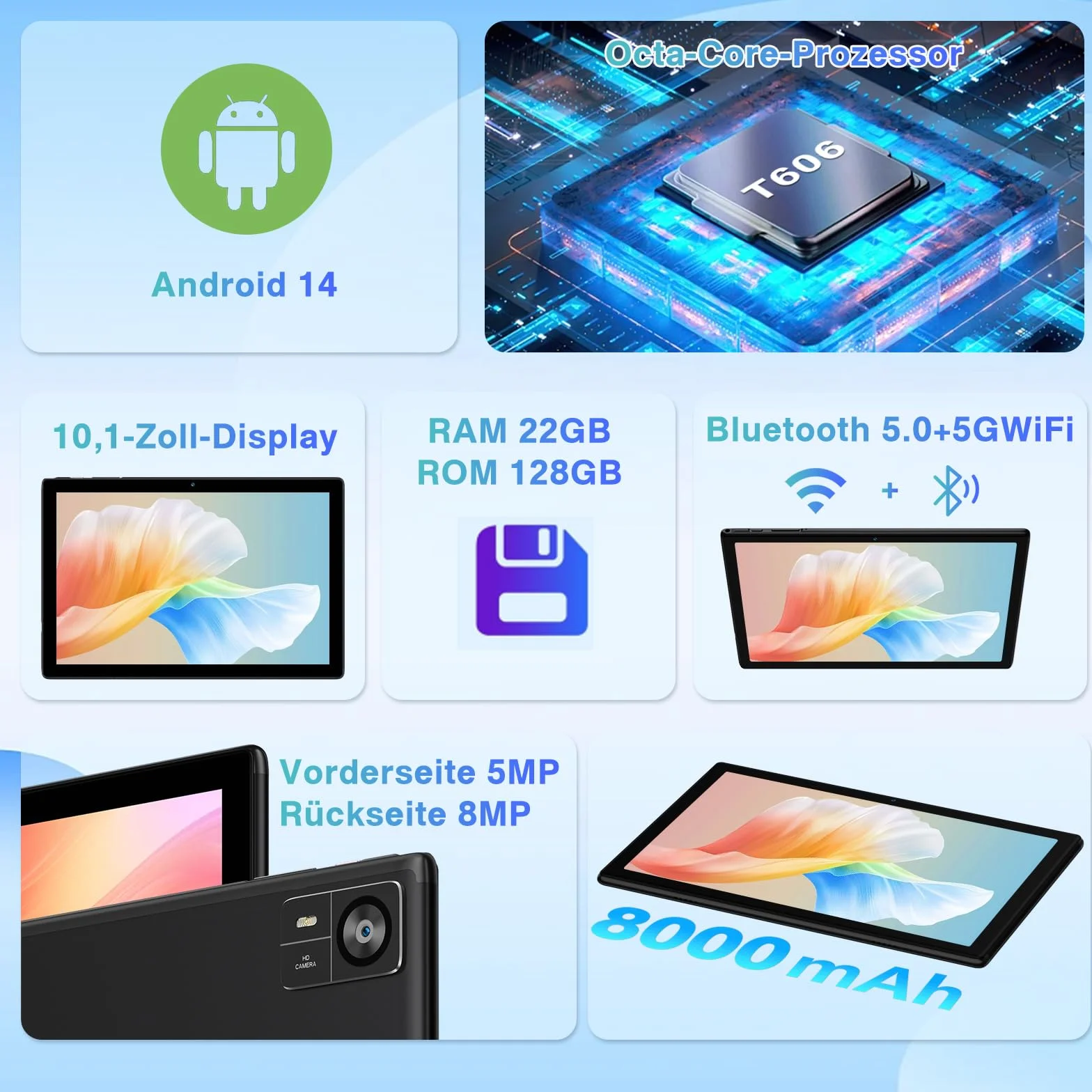 Tablet z Androidem 22GB RAM+128GB ROM (1TB TF), tablety 10 cali, 8000 mAh, Octa-Core T606,2.0Ghz, WiFi5G+2.4G, GPS, 8MP + 5MP, Bluetooth 5.0, Cast, Tablet PC z etui, klawiatura i mysz, czarny