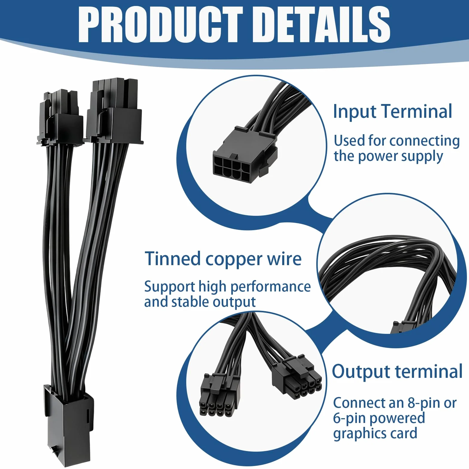 Zestaw 2 kabli PCIe 8-pinowych do Dual PCIe 8-pinowych (6+2), kabel zasilający GPU 22 cm, przedłużenie zasilacza na kartę graficzną, kompatybilność z kartami wideo o dużej mocy, zarządzanie kablami PC