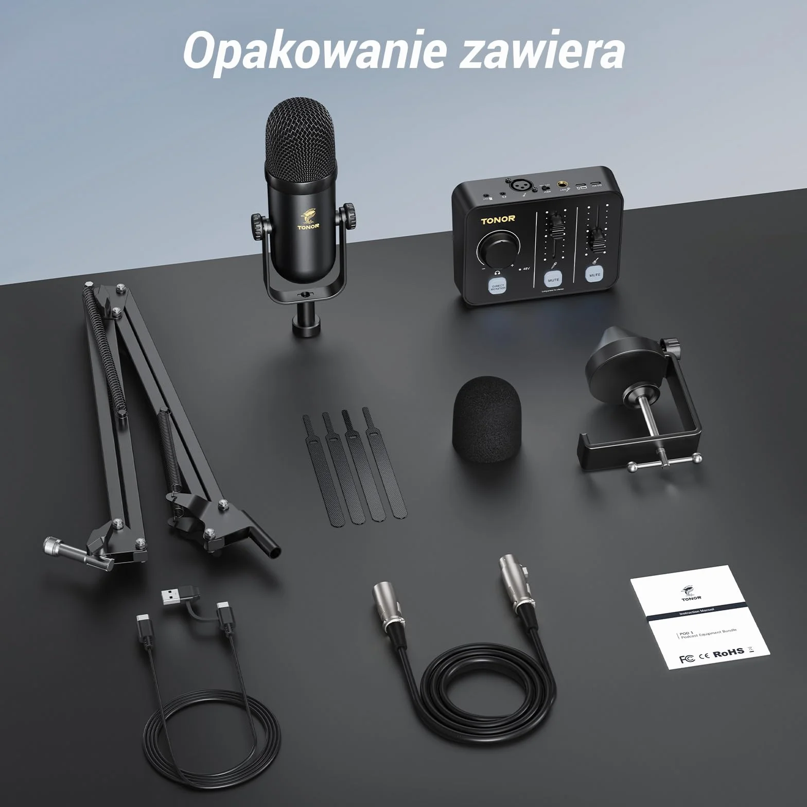 Zestaw mikrofonów TONOR do podcastów z interfejsem audio i uchwytem mikrofonowym, mikrofon XLR, mikrofony kondensatorowe, mikser audio, regulator głośności, 3D dźwięk stereo, do nagrań, podcastów