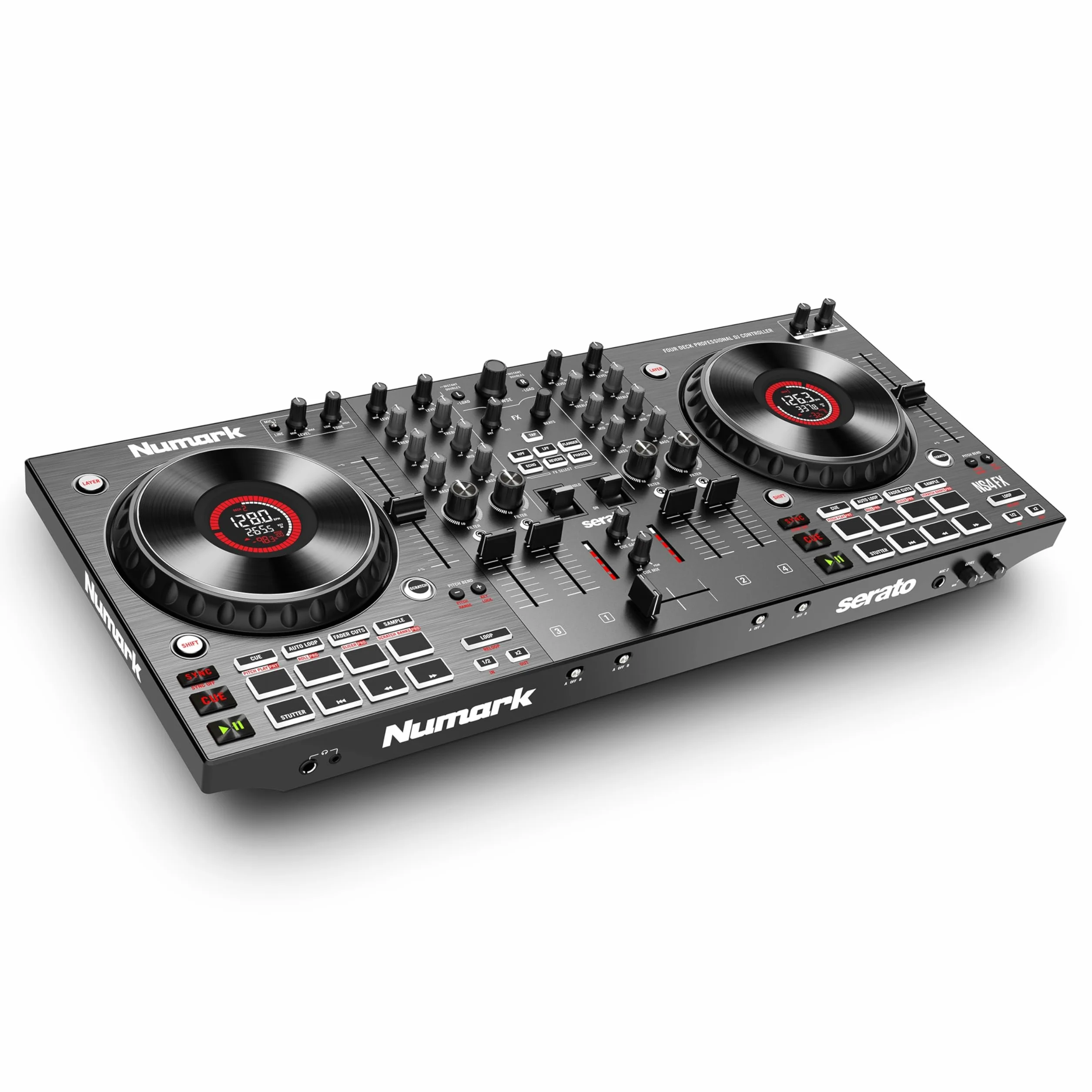Numark NS4FX 4-Kanałowy DJ Kontroler, Dotykowe Koła Jog z Wyświetlaczem, Pady i Efekty, Wyjście Booth i Główne, w Komplecie Serato DJ Lite