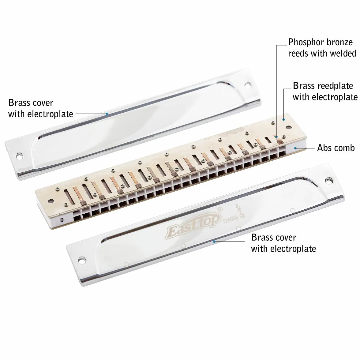 East top Tremolo Harmonijka Key of Low D, 24-otworowa profesjonalna harmonijka ustna Tremolo T2406S dla dorosłych, profesjonalistów i studentów