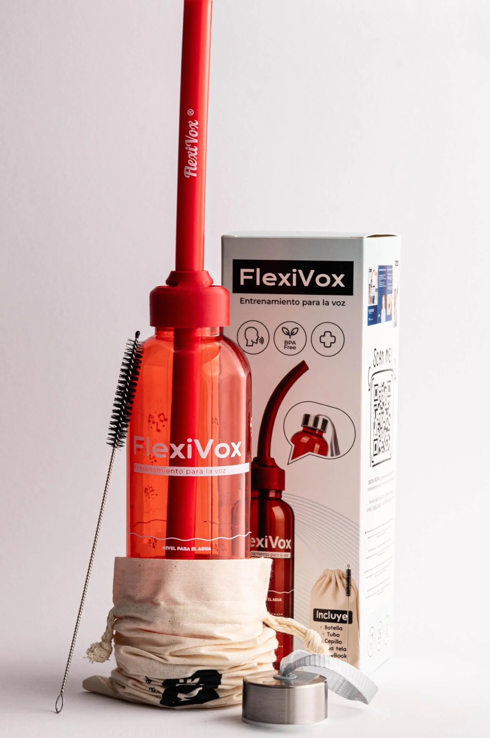 FlexiVox® zestaw do ćwiczeń głosu z talkiem aseptycznym + butelka z miarką + szczotka + torba + eBook + korek regulacyjny