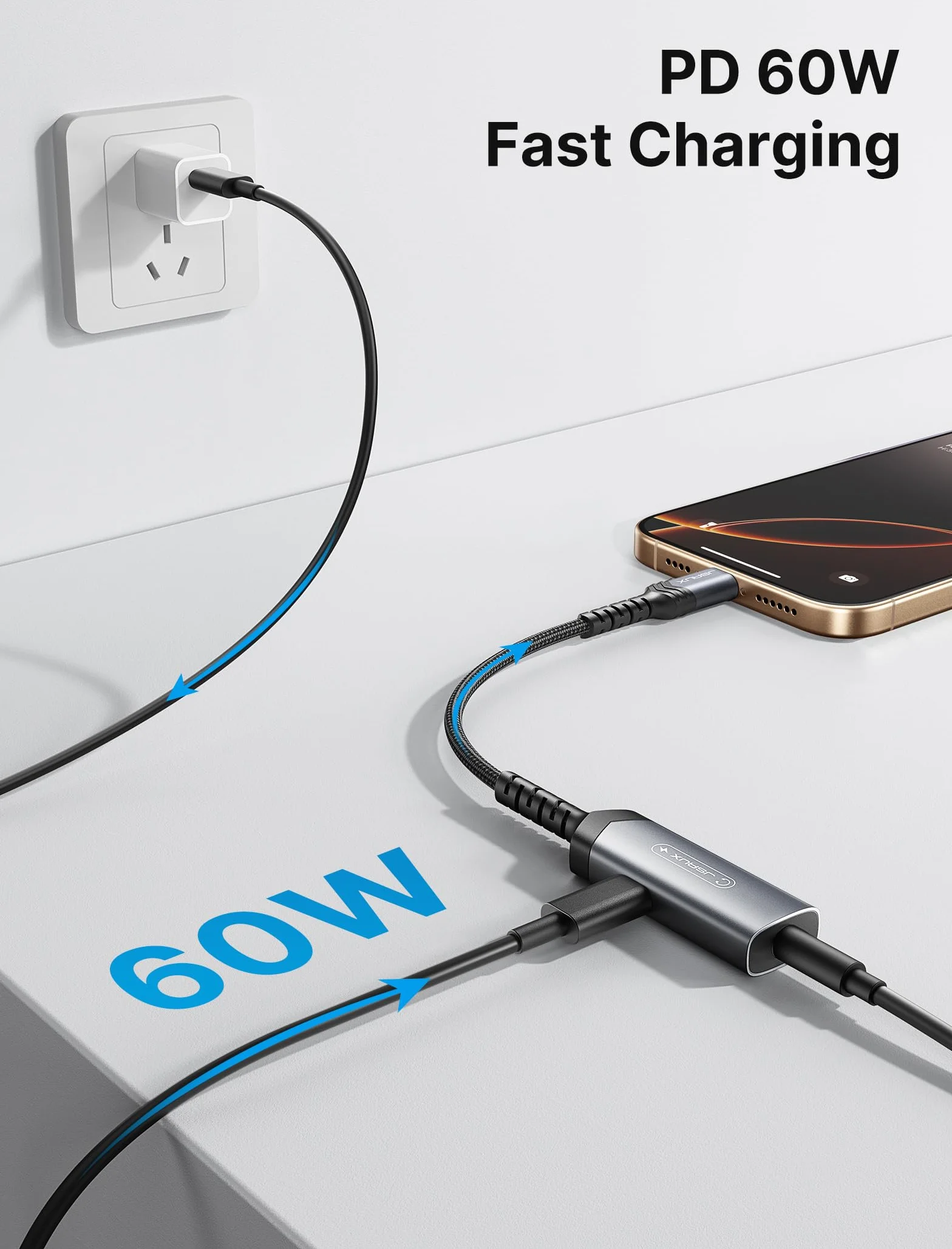 JSAUX Adapter do słuchawek USB C i ładowarka, adapter jack 2 w 1, 60 W, szybkie ładowanie, typ C, AUX 3,5 mm, gniazdo audio kompatybilny z iPhone 16 Pro/16 Pro Max/16/16 Plus/15 Pro Max, Samsung