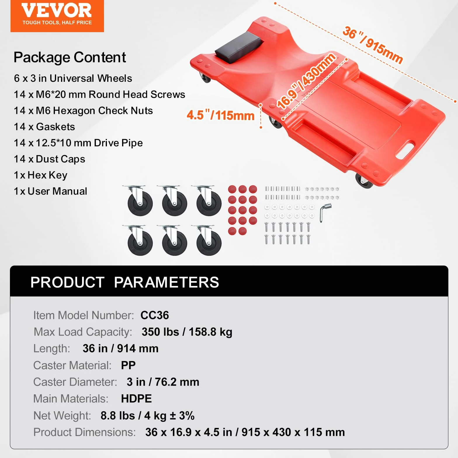 VEVOR Stół obrotowy dla mechanika z tworzywa sztucznego 914 mm nośność 158,8 kg, HDPE warsztat samochodowy ergonomiczna konstrukcja, wyściełany zagłówek dwie tacki narzędziowe
