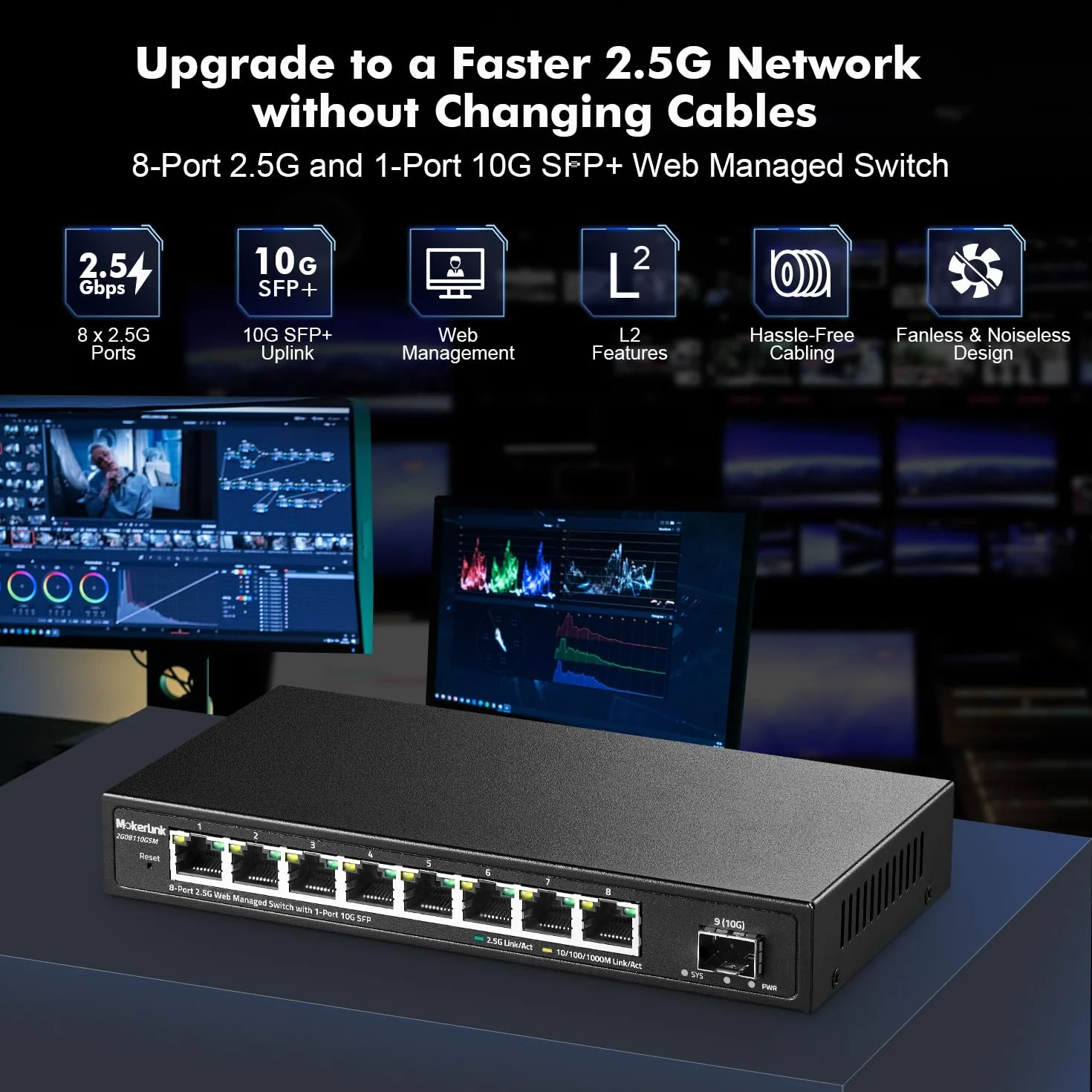 mokerlink 8 portów 2,5G Manged Ethernet Switch z 10G SFP, 8 portów 2,5G Base-T kompatybilnych z 10/100/1000 Mb/s, zarządzany przełącznik sieciowy bez wentylatora przez metalowy sieć
