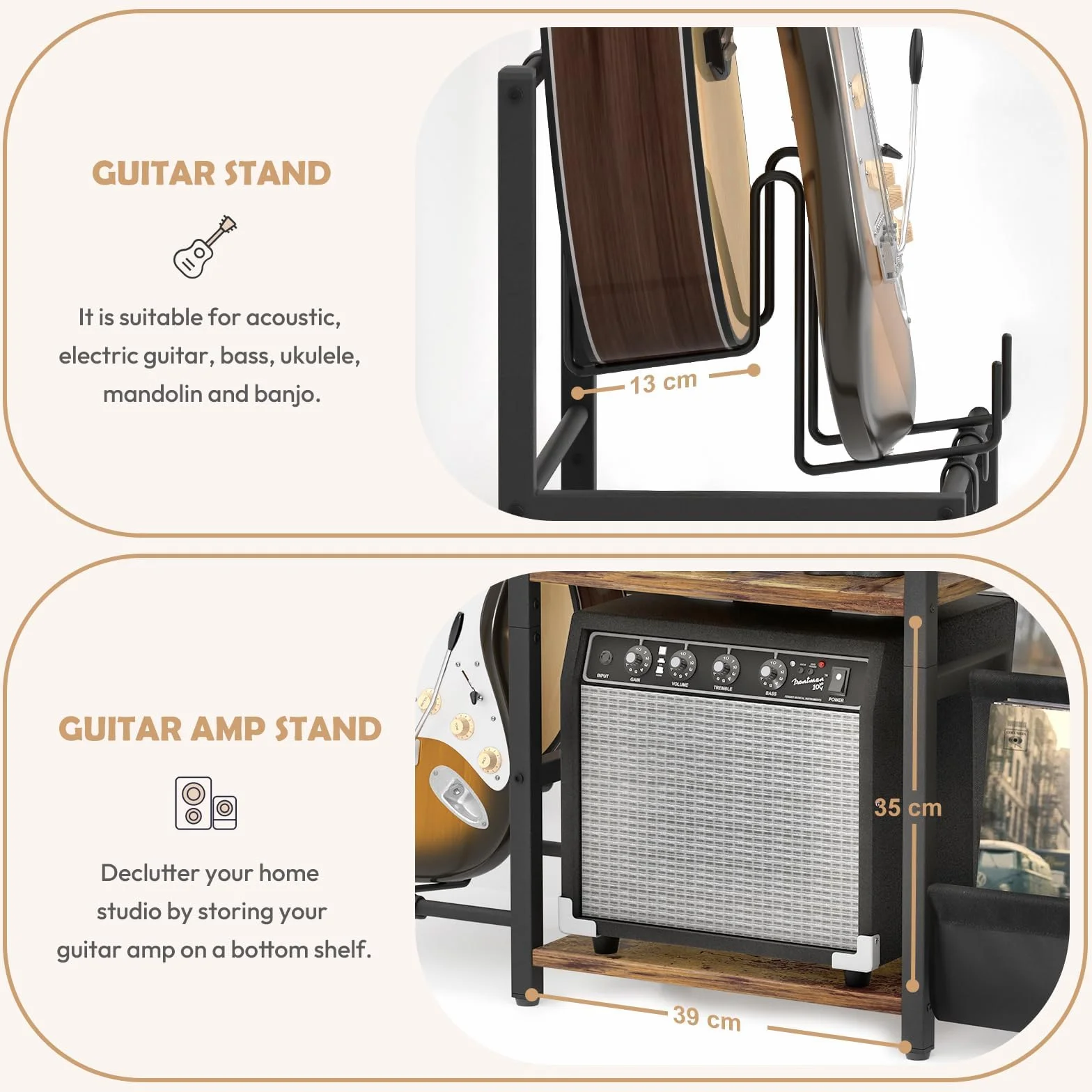 Stojak na Gramofon z 3 Poziomami Przechowywania Winyli i Stojakiem na Gitarę, Biały