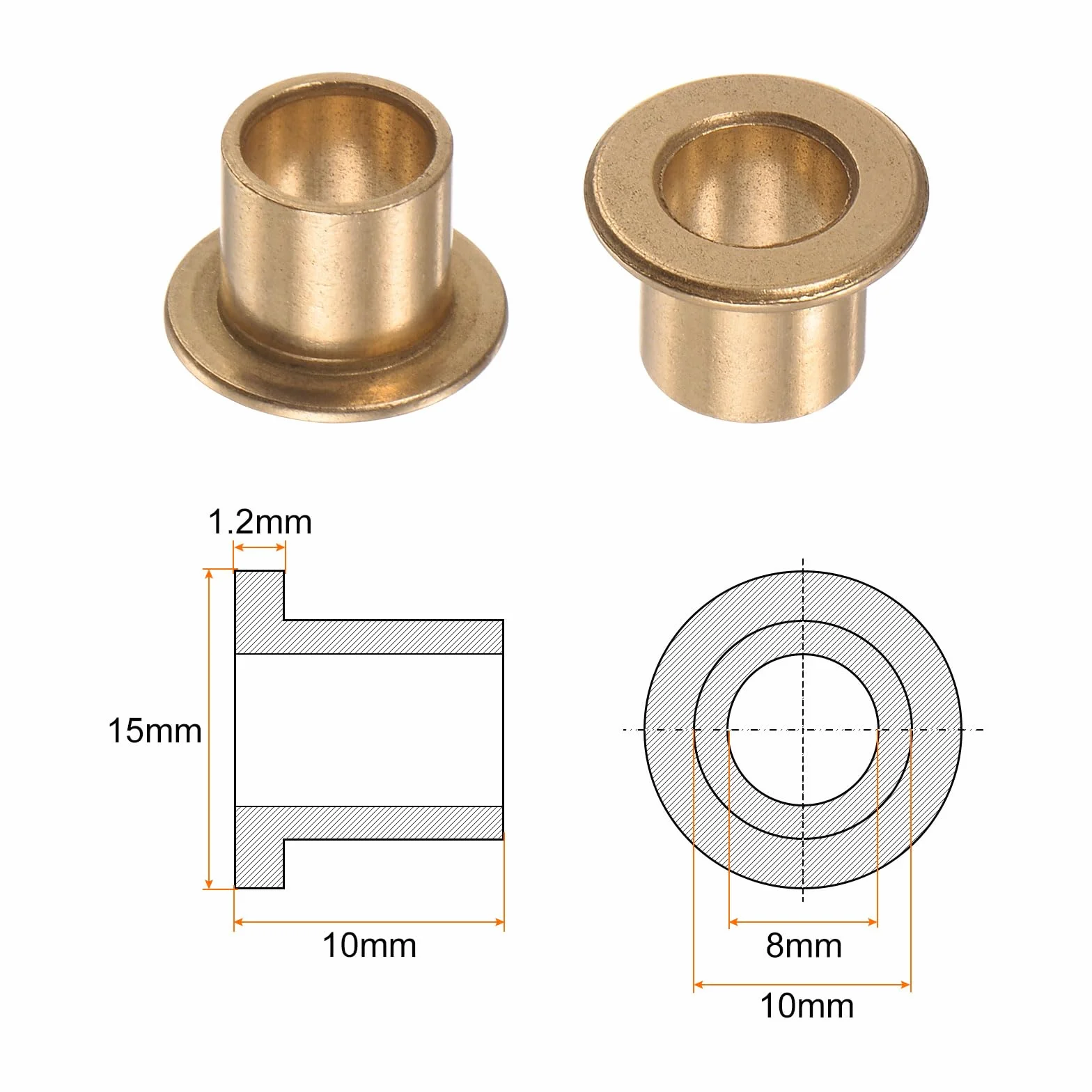 QUARKZMAN 2 szt. tuleja łożyska kołnierzowego 8 mm otwór 10 mm AD 10 mm długość 1,2 mm kołnierz grubość brązu tuleja samosmarujące tuleje ślizgowe tuleja do instalacji przemysłowych