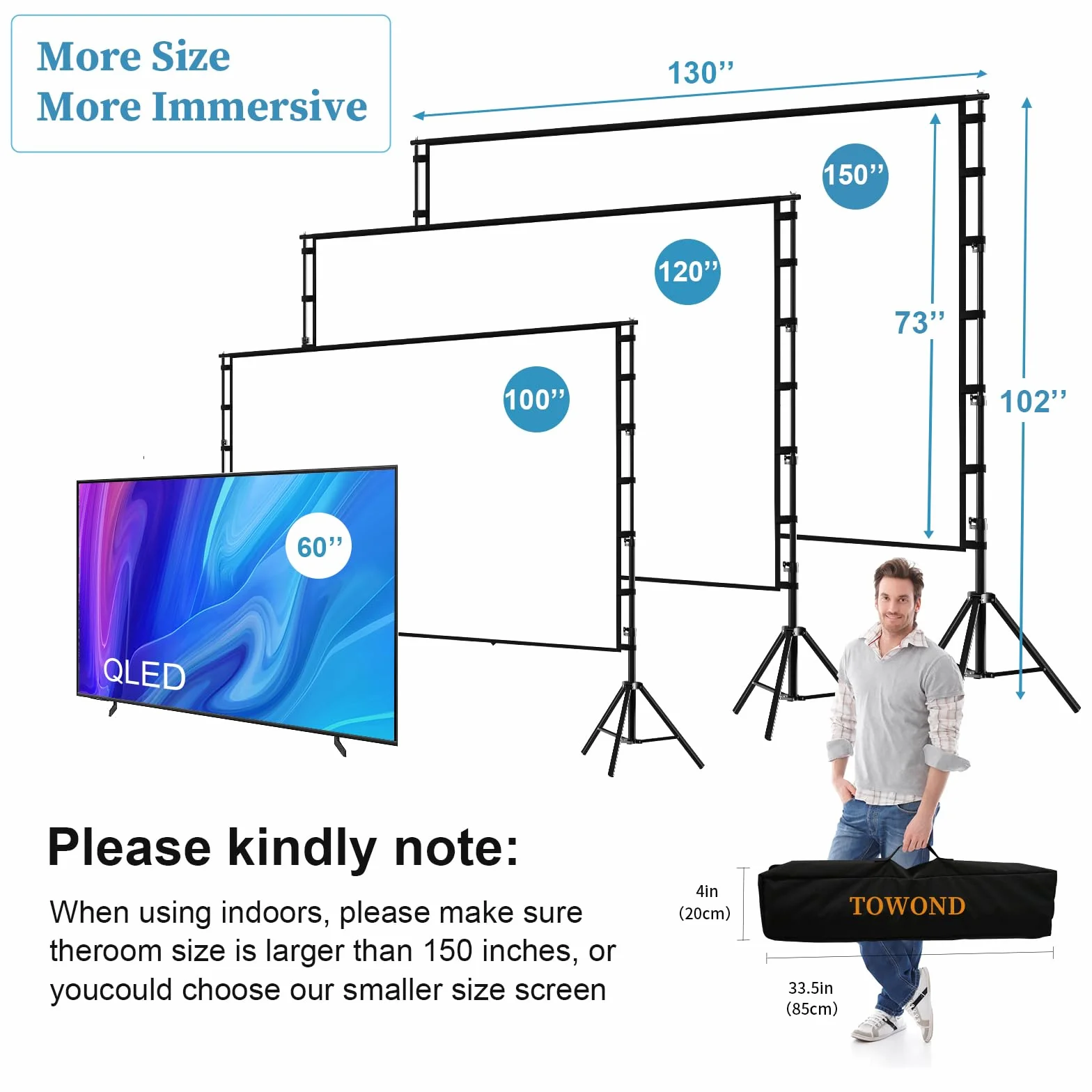 Ekran projektora i stojak, Towond 381.0 cm zewnętrzny ekran projekcyjny, przenośny, 16:9 HD, tylny przedni ekran filmowy z torbą do przenoszenia, bez zagnieceń, pogrubione wsporniki, konstrukcja do