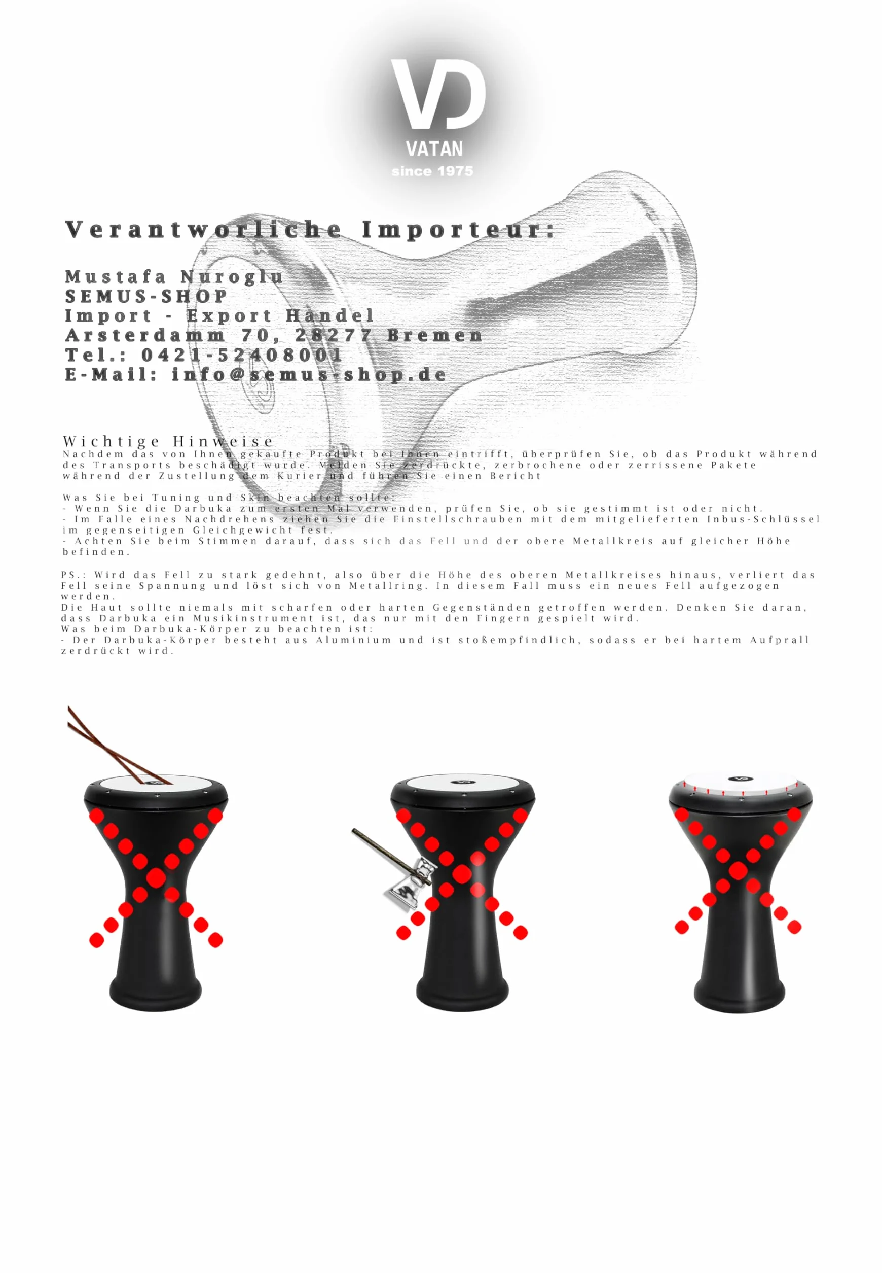 VD Vatan 3002 Ägyptische Darbuka, mit Beschichtung aus Kunstleder, groß, Durchmesser 22 cm, schwarz, 44,5 cm.