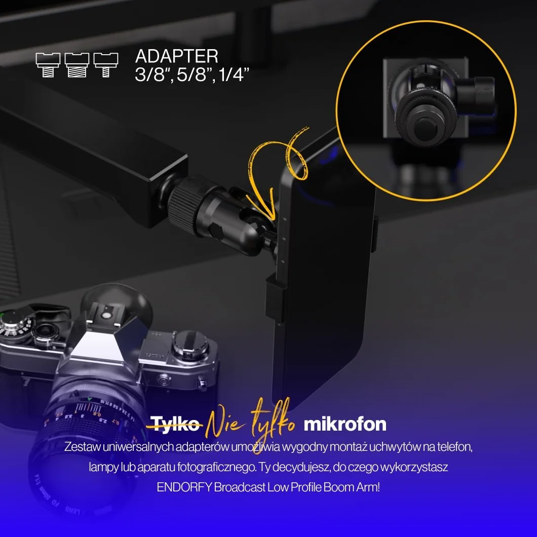 ENDORFY Broadcast Low Profile Boom Arm, niskoprofilowe ramię na mikrofon, smartfon, oświetlenie, kamerę, 360 stopni rotacji, ukryty kanał na przewody, dla graczy, twórców, streamerów, podcasterów