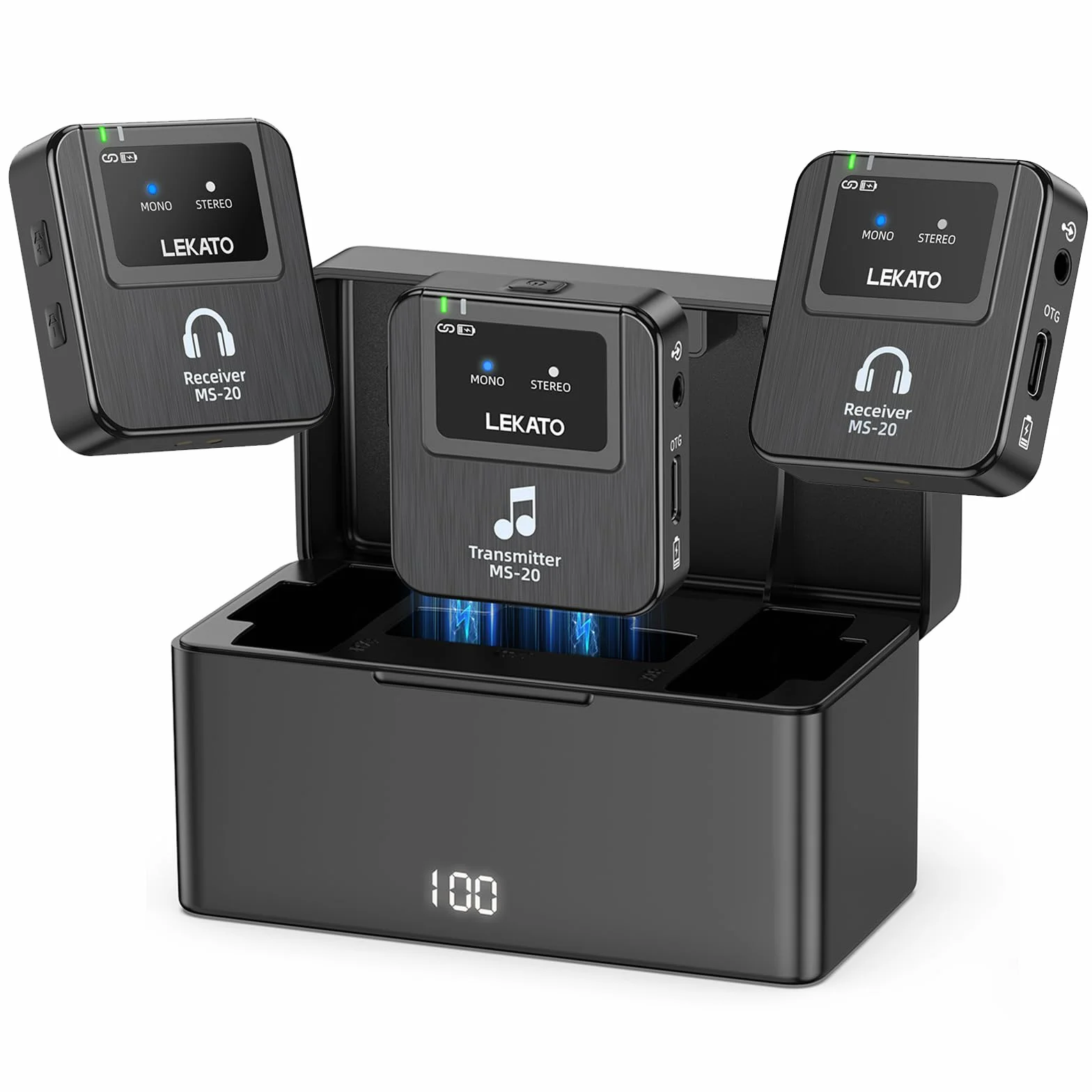 LEKATO Bezprzewodowy system monitorowania dousznego z etui ładującym, profesjonalny bezprzewodowy system IEM stereo 2,4 G z nadajnikiem, odbiornikiem pasowym, do studia, prób zespołowych, małych