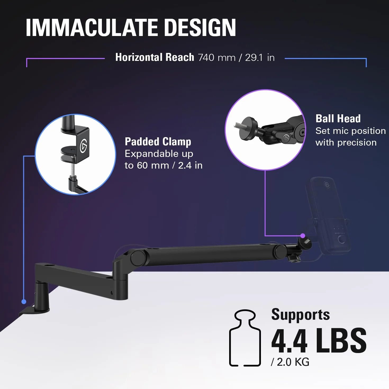 Elgato Wave Mic Arm LP niskoprofilowe ramię mikrofonu premium, system zarządzania kablami, zacisk stołowy, regulacja