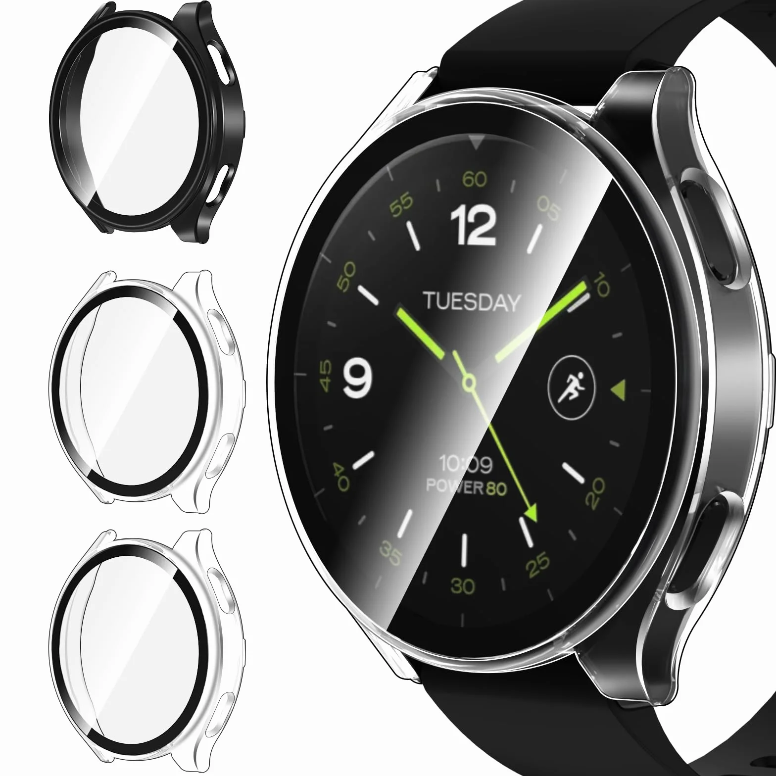 ivoler 3 szt. twarde etui PC ze szklaną ochroną ekranu do zegarka Xiaomi Watch 2, pełne pokrycie, ultracienkie, odporne na zarysowania etui ochronne, 2 przezroczyste + 1 czarny