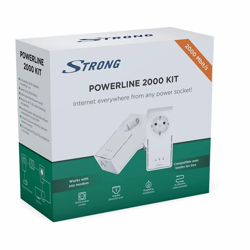 Strong - Powerline 2000 Duo EU Set - 2 adaptery Powerline - 2000 Mbps, szybki dostęp do Internetu - zintegrowane gniazdko - zasięg 300 m - do IPTV, streamingu HD, grania - złącze LAN - biały