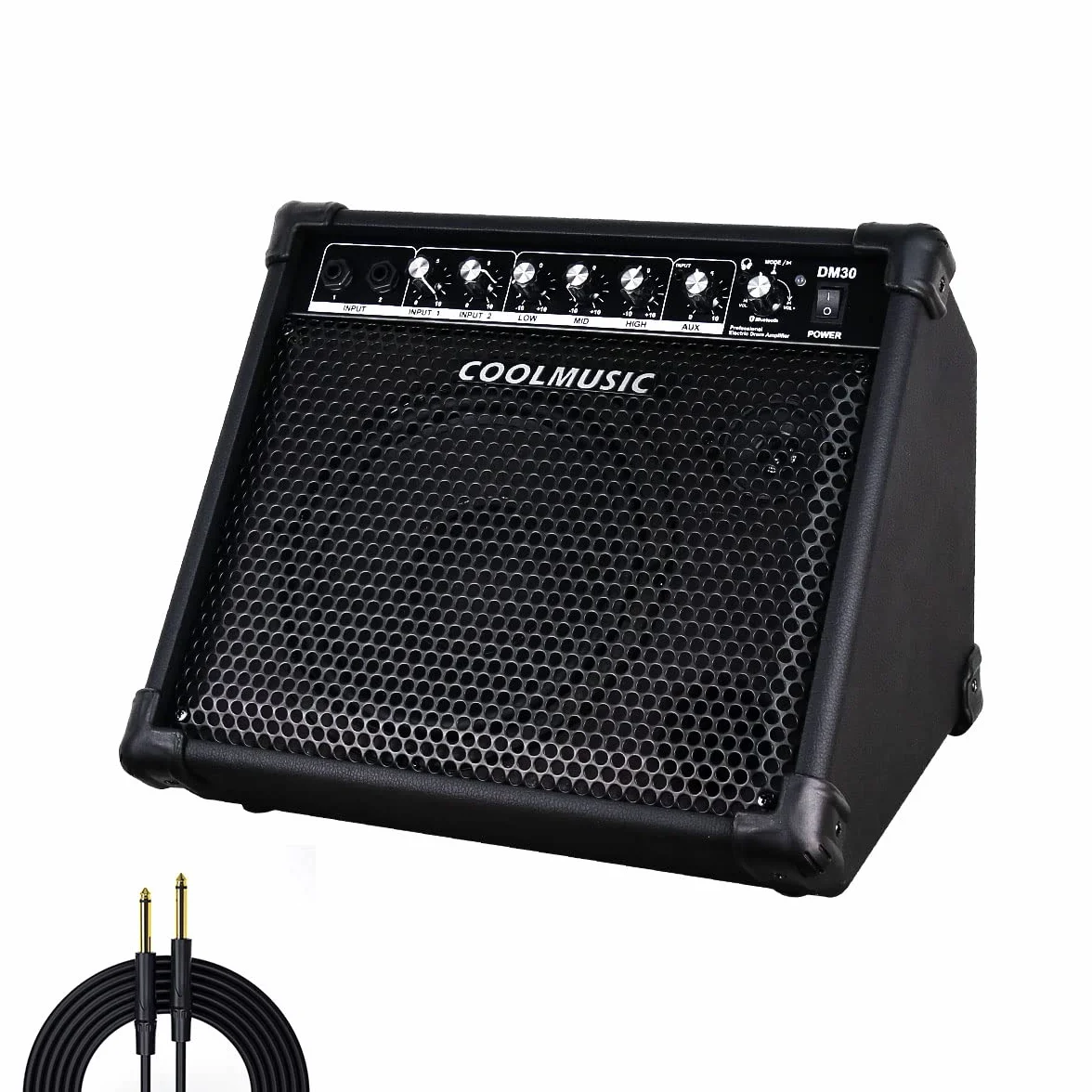 Coolmusic DM30 AMP elektroniczny wzmacniacz perkusyjny 30 W, wzmacniacz klawiatury z wejściem AUX i Bluetooth, 2 wejścia, 3-pasmowy EQ i DI OUT