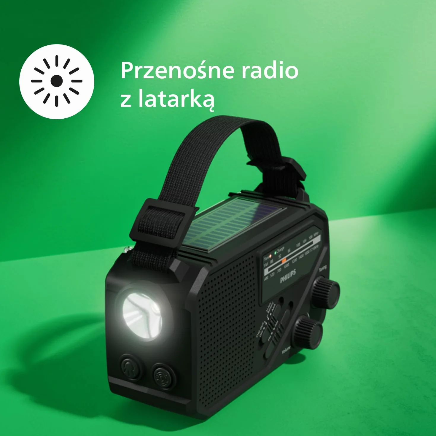 Philips TAR1609 – przenośne radio FM/AM z akumulatorem, komorą na baterie AAA i korbą, zasilaniem z paneli słonecznych, lampką LED i latarką, przydatne na biwaku, w czasie wędrówek i awarii energii