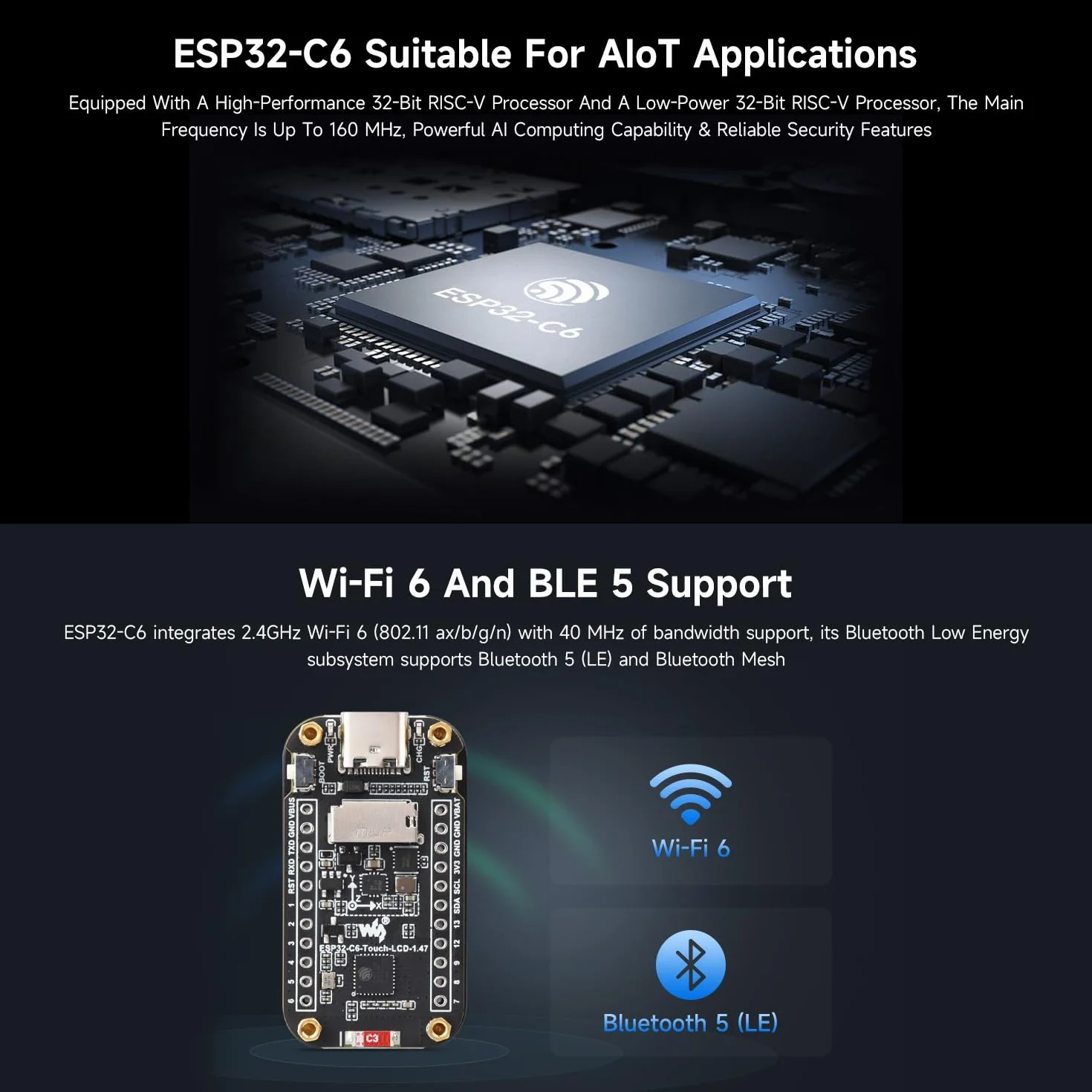 Waveshare ESP32-C6 1.47inch Touch Display Development Board(without pinheader), 172x320 Resolution, 262K Display Color, Supports Wi-Fi 6 / BLE 5, 160MHz RISC-V Processor