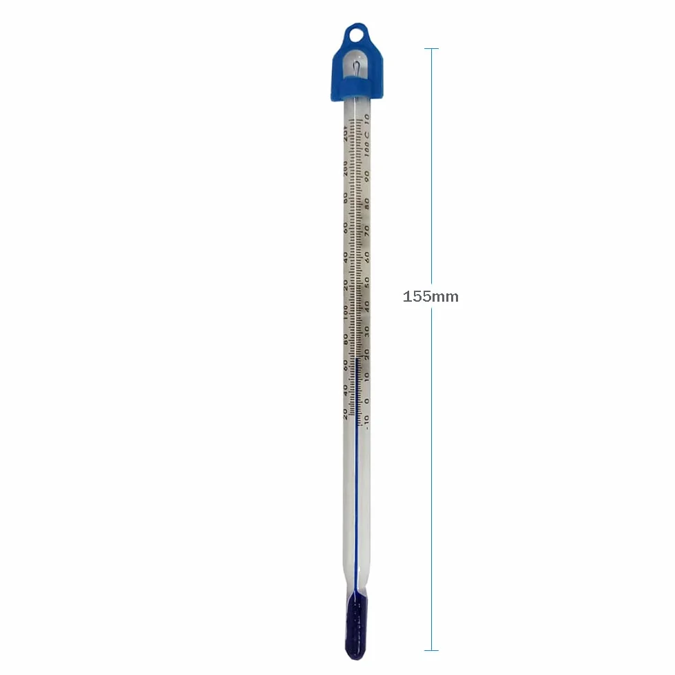 Termometr do pomiaru temperatury wody i cieczy – laboratoryjny termometr szklany, zakres od -10 do +110 °C, 155 mm, laboratorium zanurzeniowe, niebieski płyn