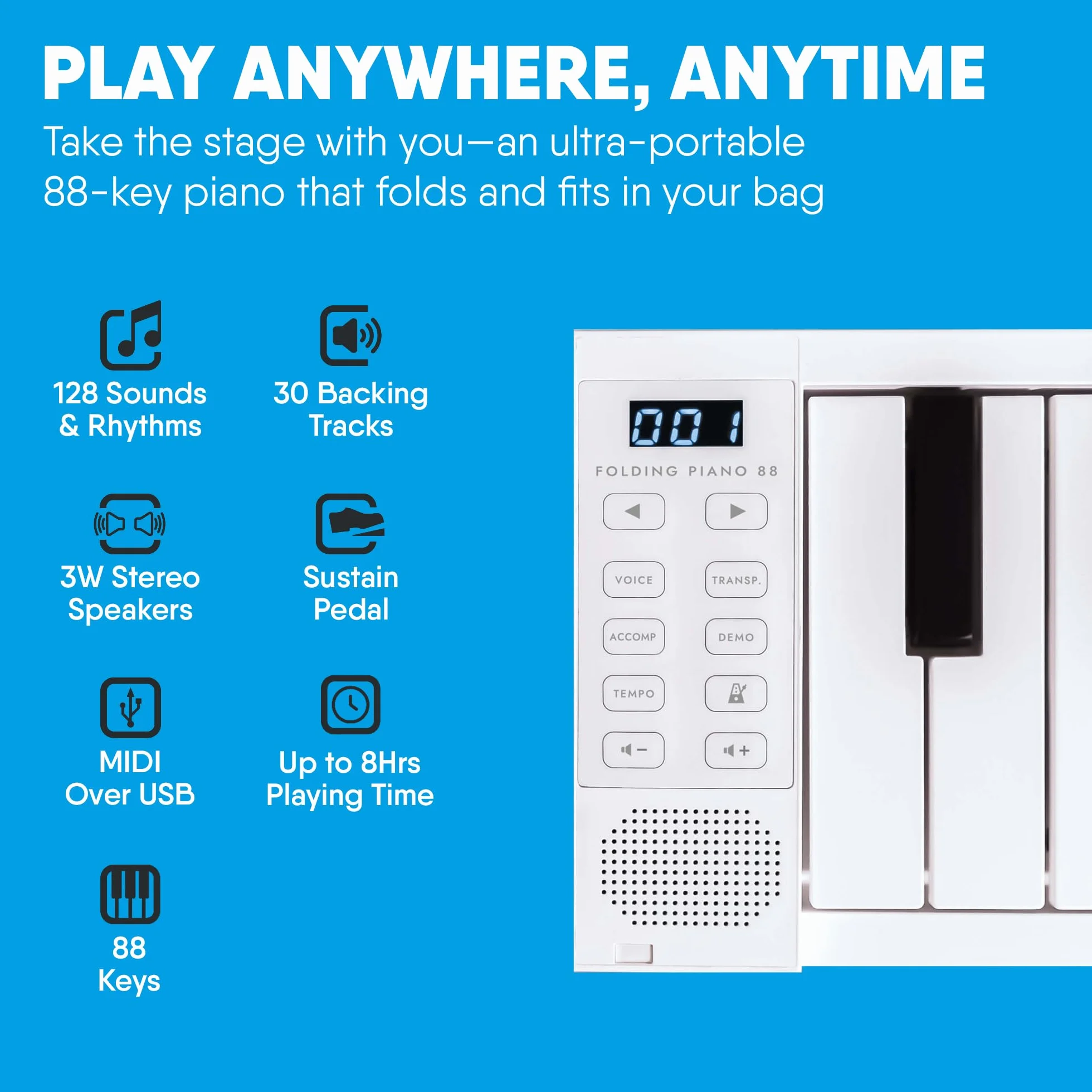 Carry-On Przenośne Pianino, Biały/Czarny, 88 klawiszy