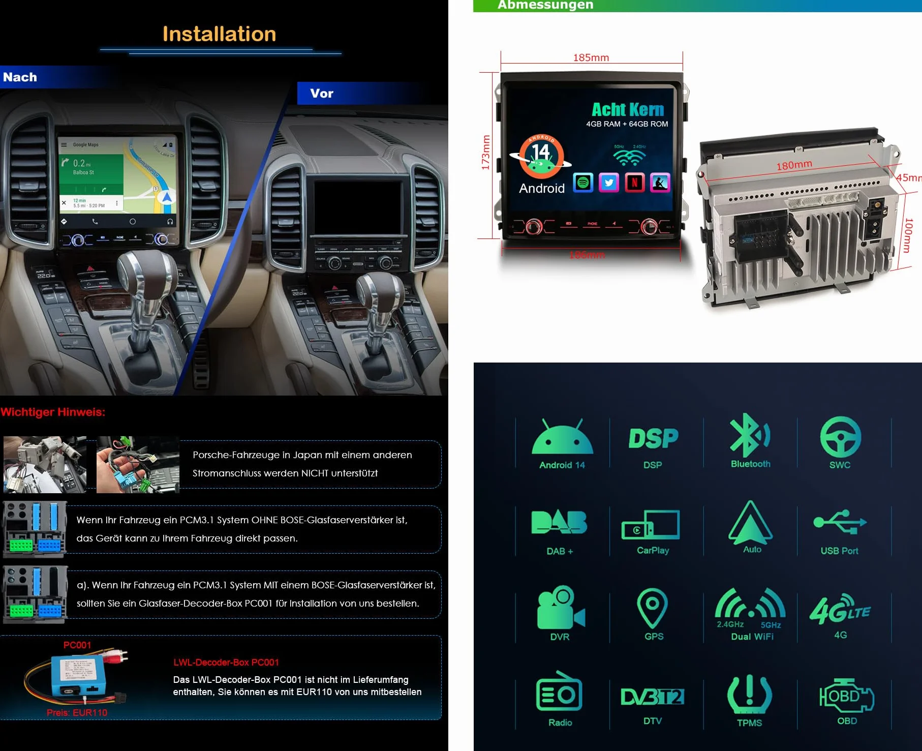 8-rdzeniowy 4 + 64 GB 8,4 cala Android 14 radio samochodowe do Porsche Cayenne 2010-2017 GPS nawigacja Carplay Auto DSP IPS OBD Bluetooth A2DP DVB-T/T2 WiFi DAB+ TPMS DVR